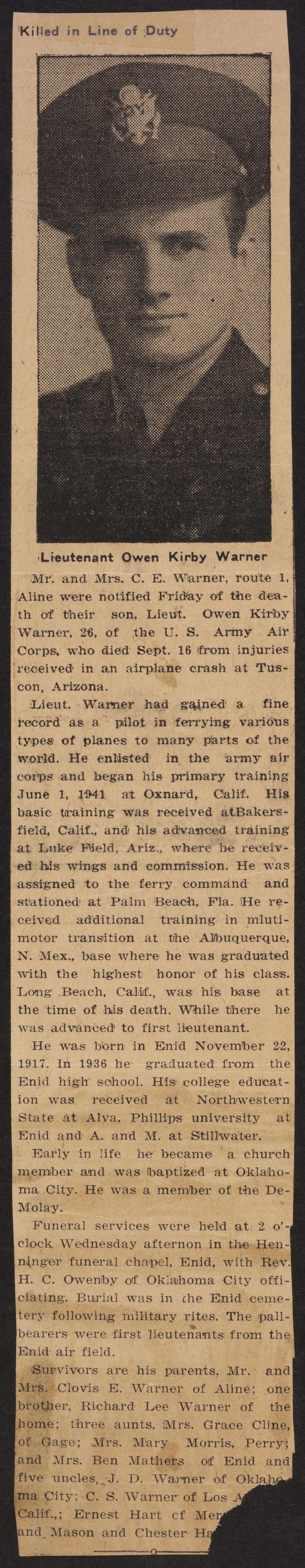 Killed in Line of Duty Newspaper Clipping