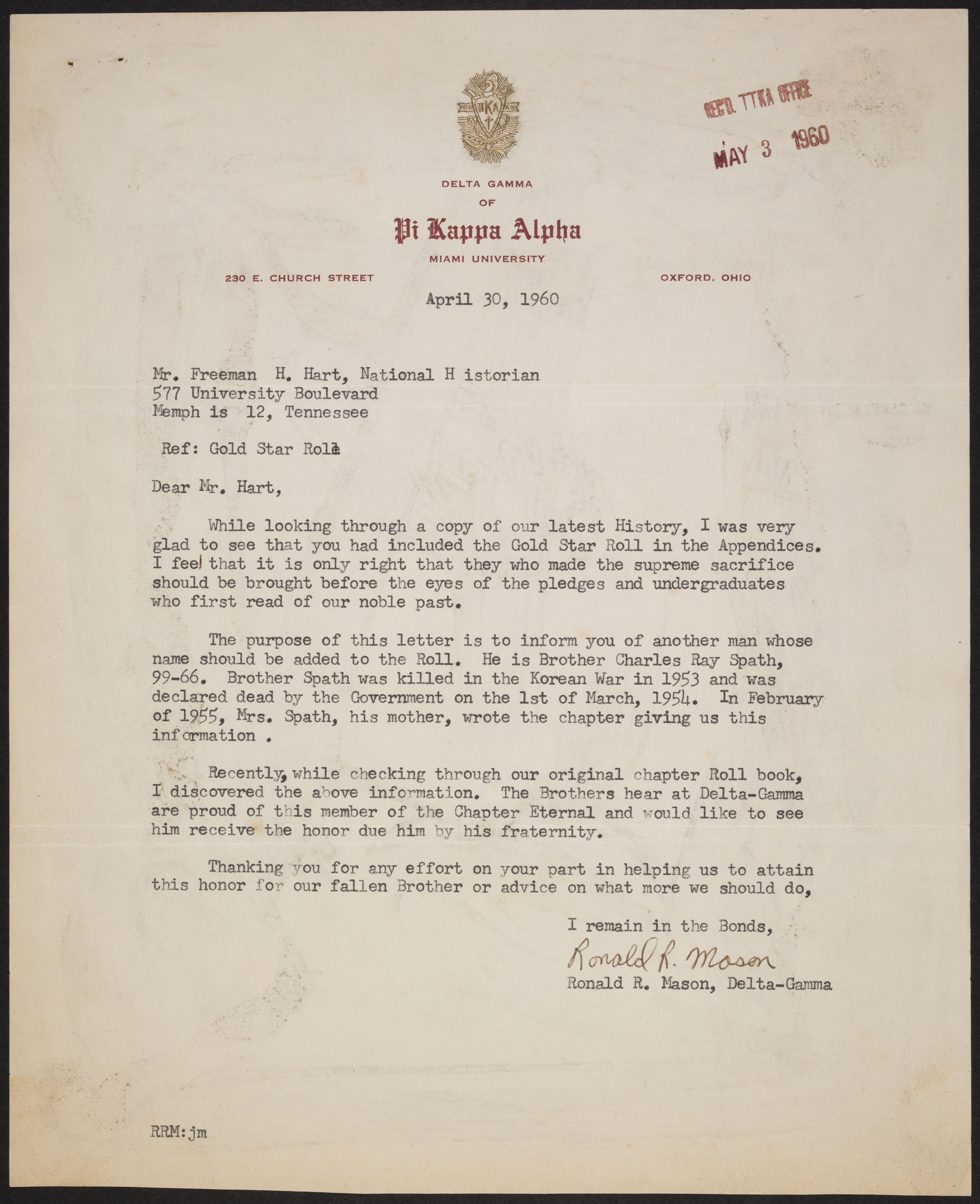 Ronald R. Mason to Freeman H. Hart Letter, April 30, 1960