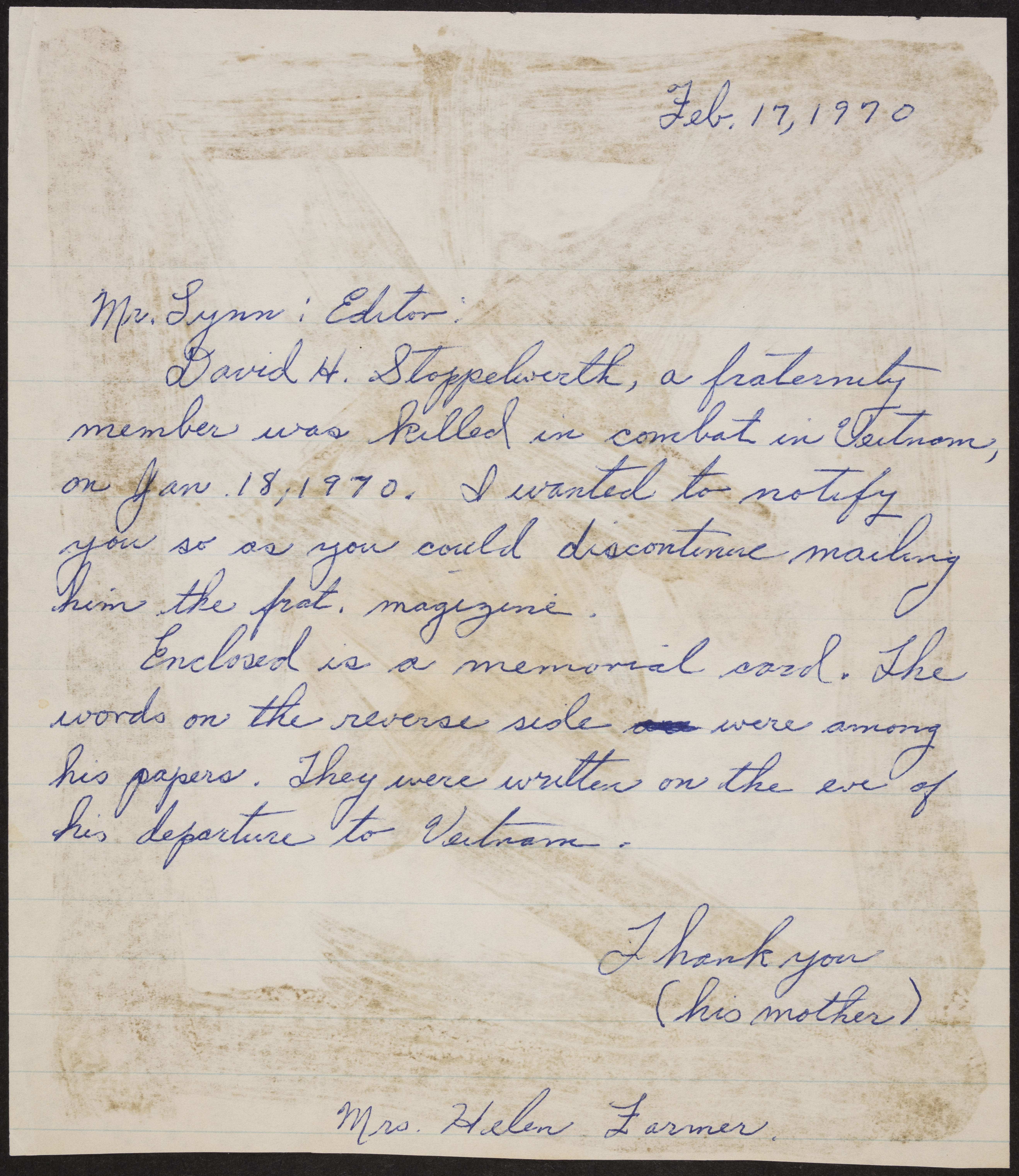 Mrs. Helen Farmer to Mr. Lynn Letter, February 17, 1970