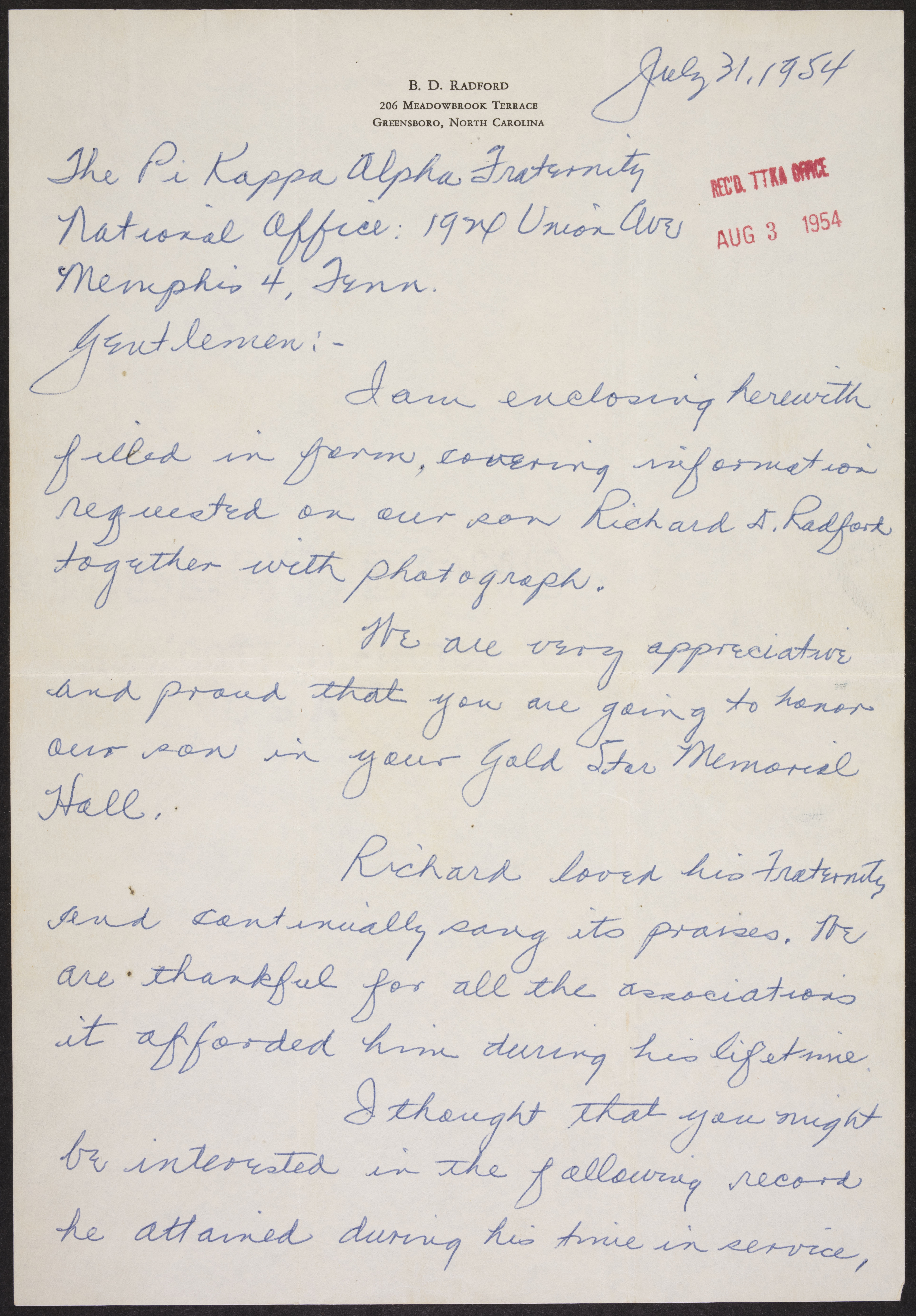 B.D. Radford to Pi Kappa Alpha Fraternity Letter, July 31, 1954