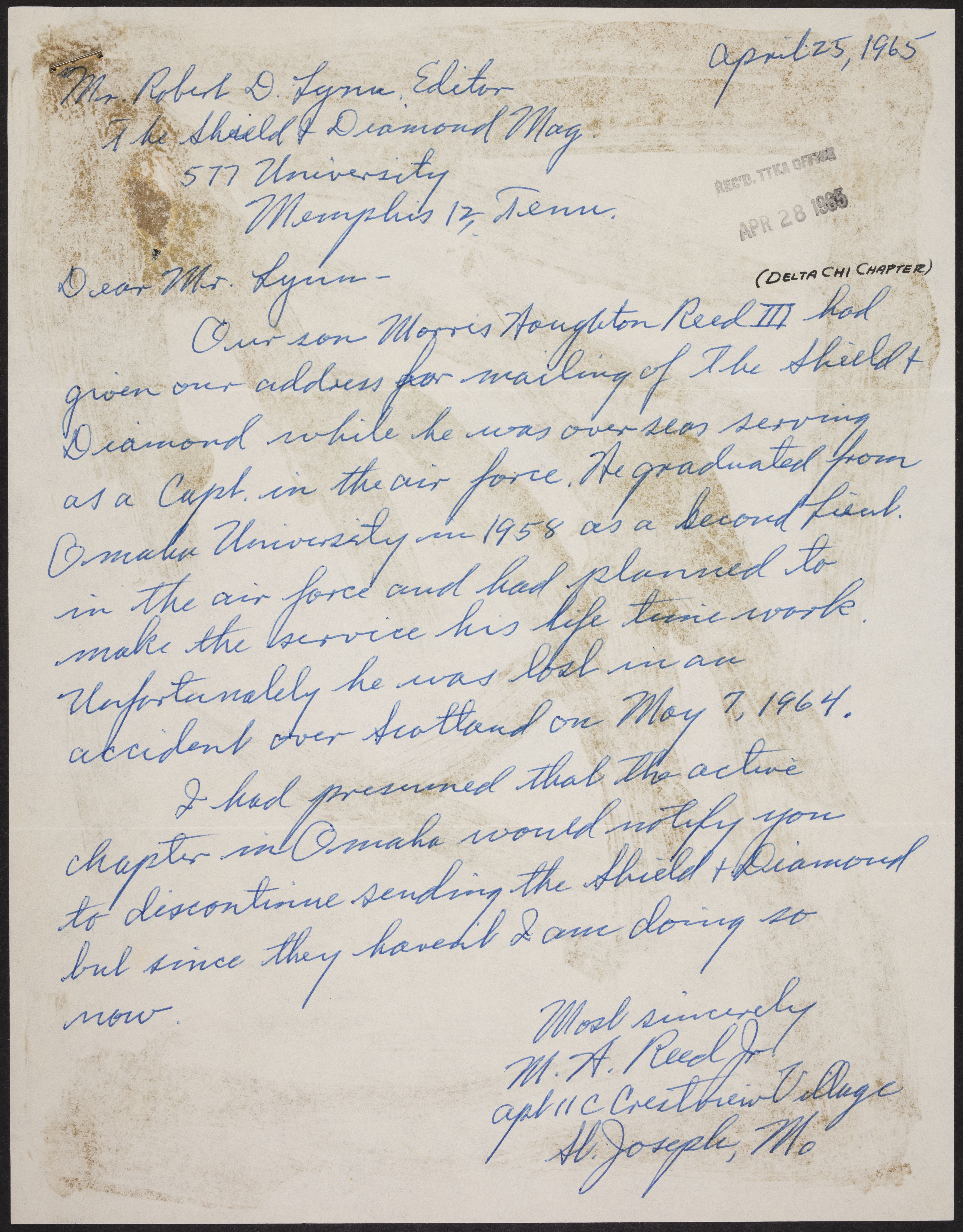 M.H. Reed Jr. to Robert D. Lynn Letter, April 25, 1965