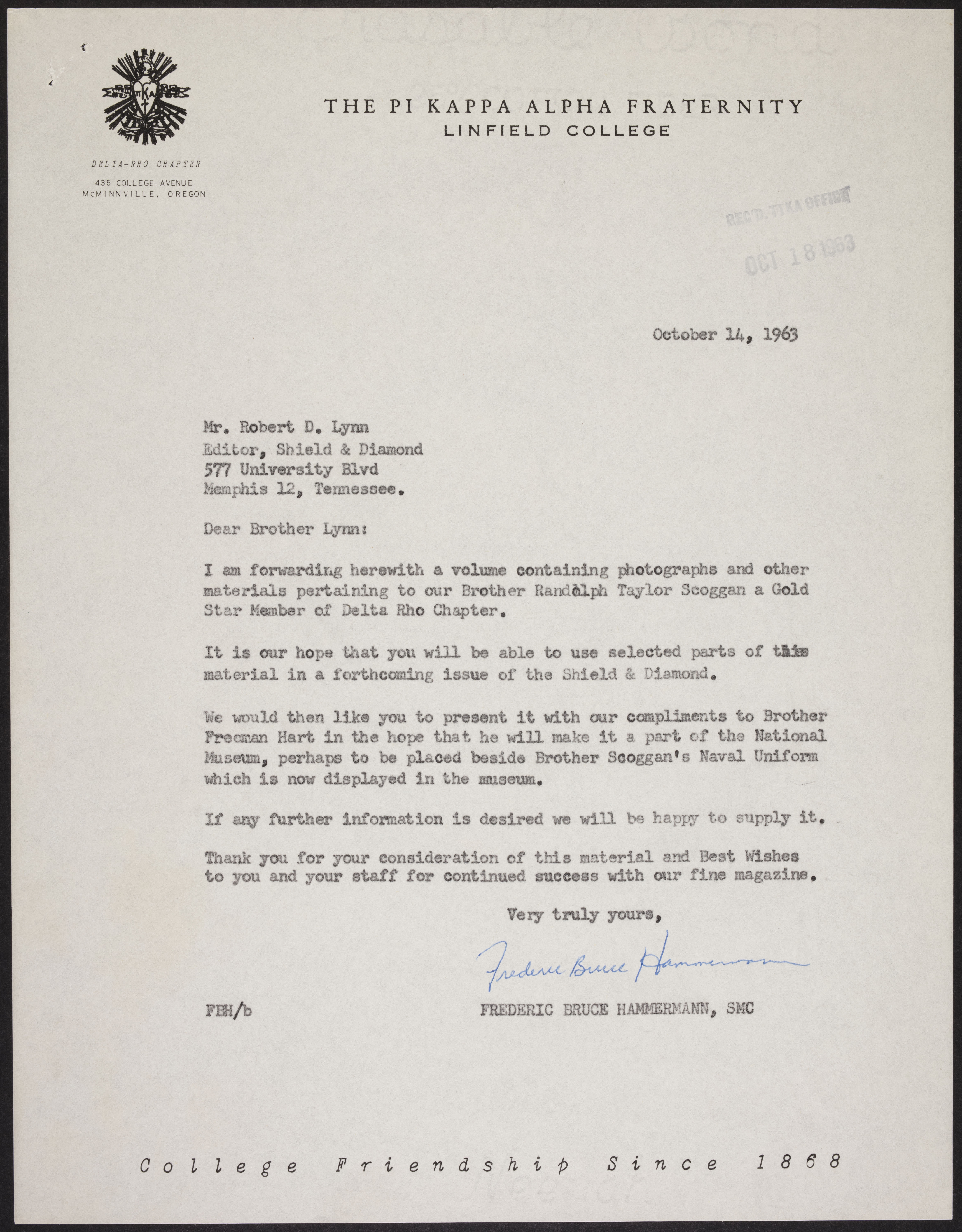 Frederic Bruce Hammermann to Robert D. Lynn Letter, October 14, 1963