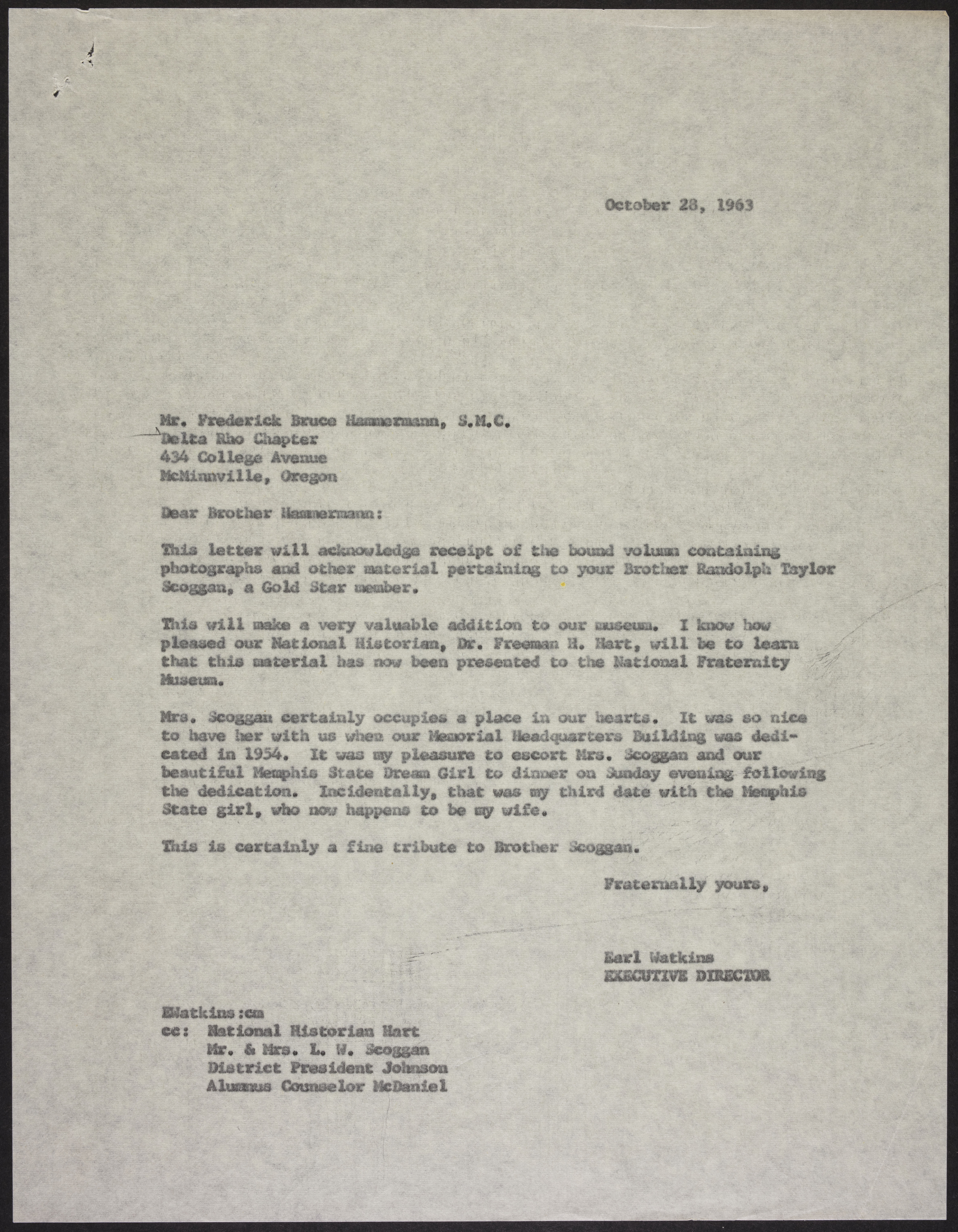 Earl Watkins to Frederick Bruce Hammermann Letter, October 28, 1963