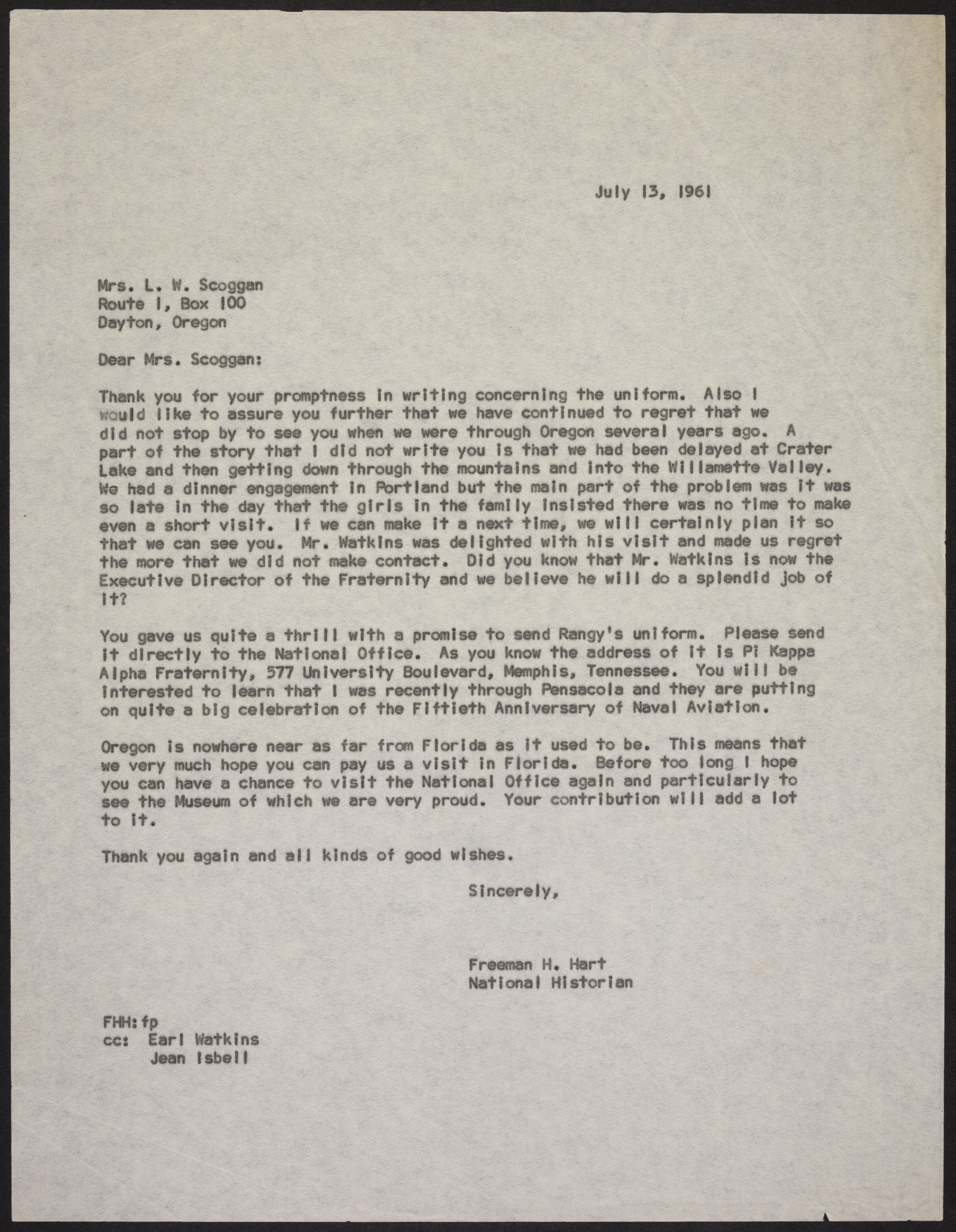 Freeman H. Hart to Mrs. L.W. Scoggan Letter, July 13, 1962
