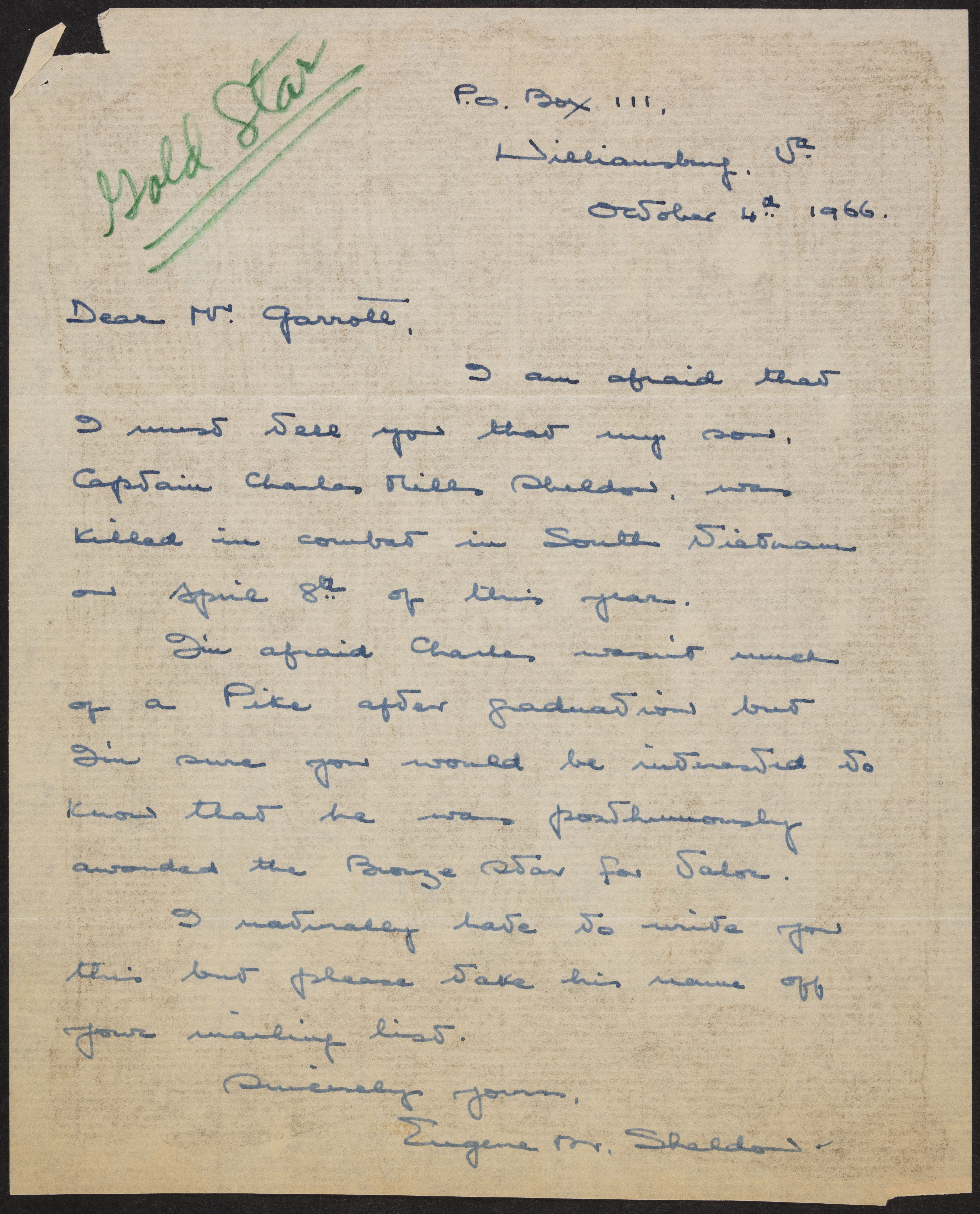 Eugene M. Sheldon to Mr. Garrott Letter, October 4, 1966