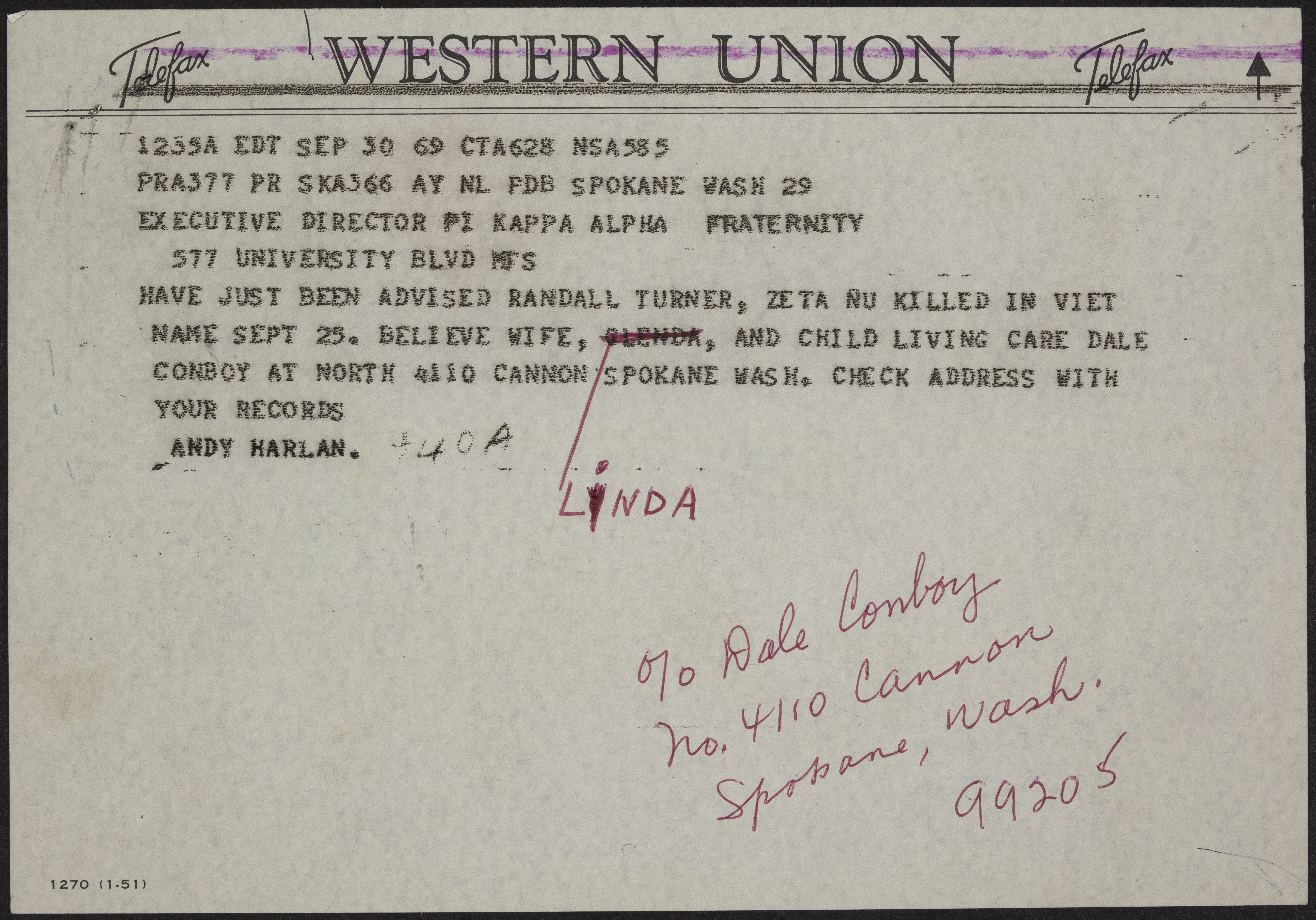 Andy Harlan to Executive Director, Pi Kappa Alpha Fraternity Telegram, September 30, 1969