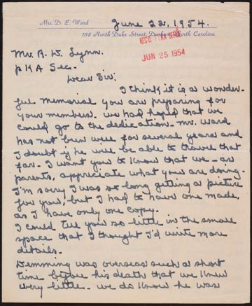 Mrs. D.E. Ward to R.W. Lynn Letter, June 22, 1954