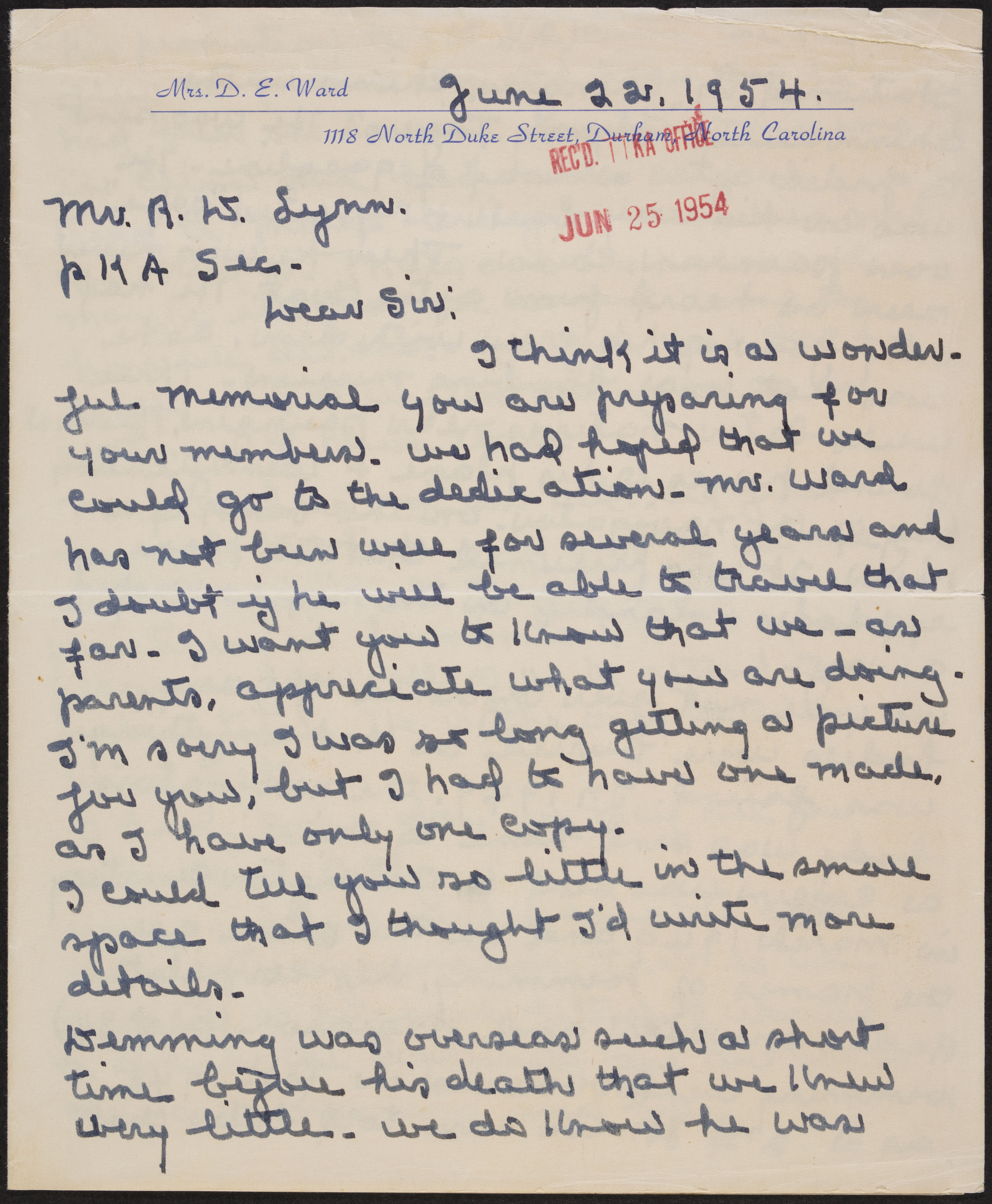 Mrs. D.E. Ward to R.W. Lynn Letter, June 22, 1954