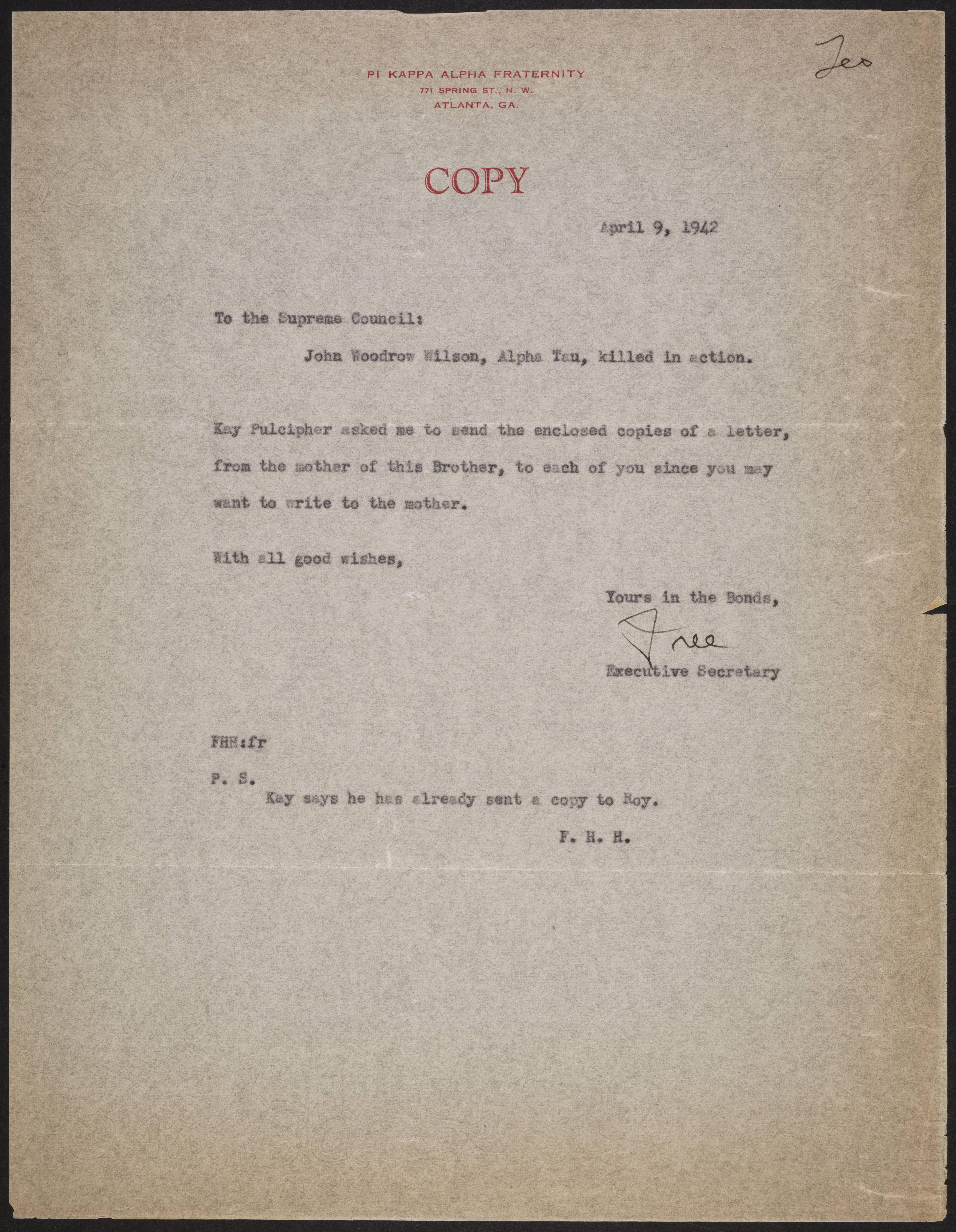 Executive Secretary to Supreme Council Letter, April 9, 1942