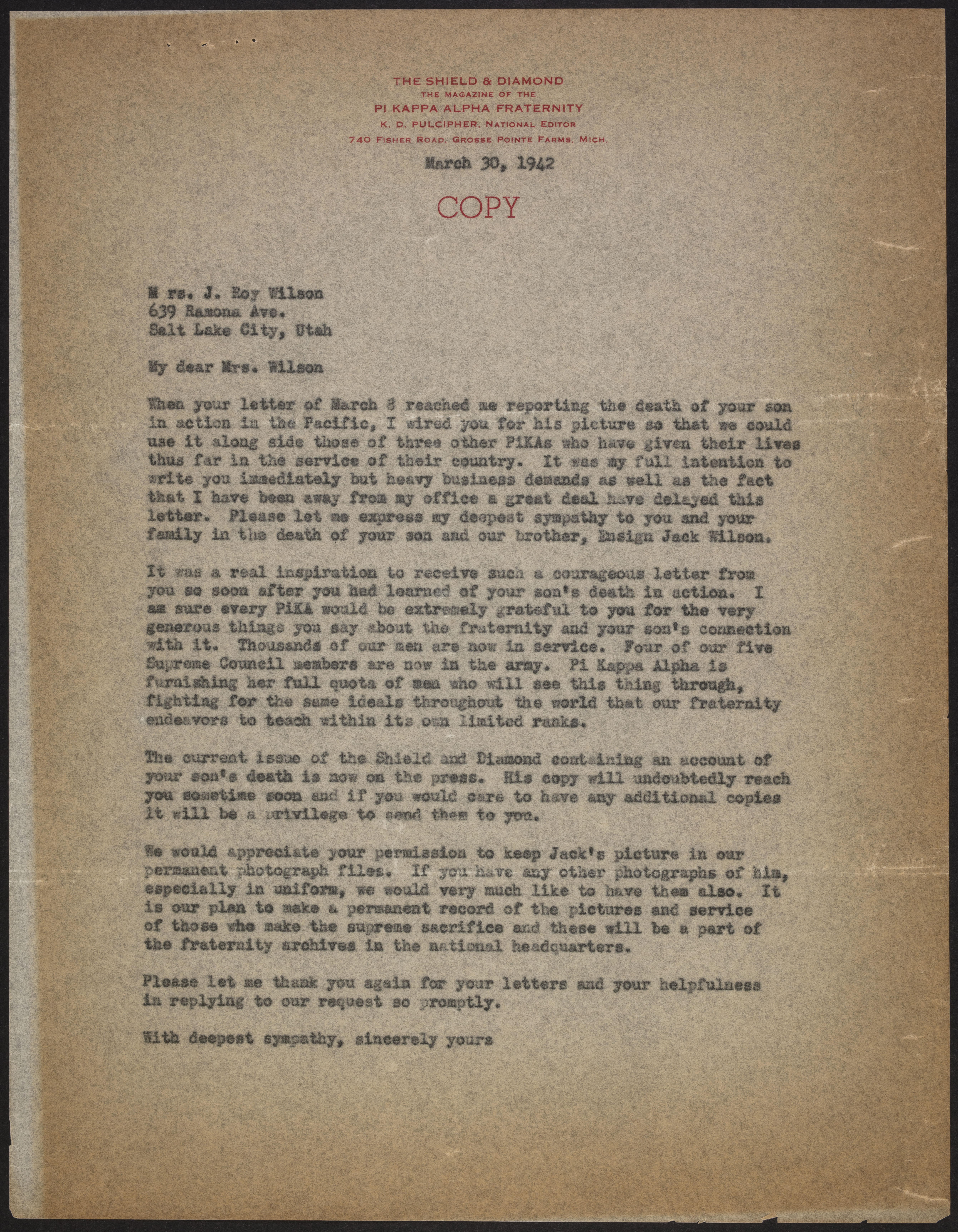 Shield and Diamond to Mrs. J. Roy Wilson Letter, March 30, 1942