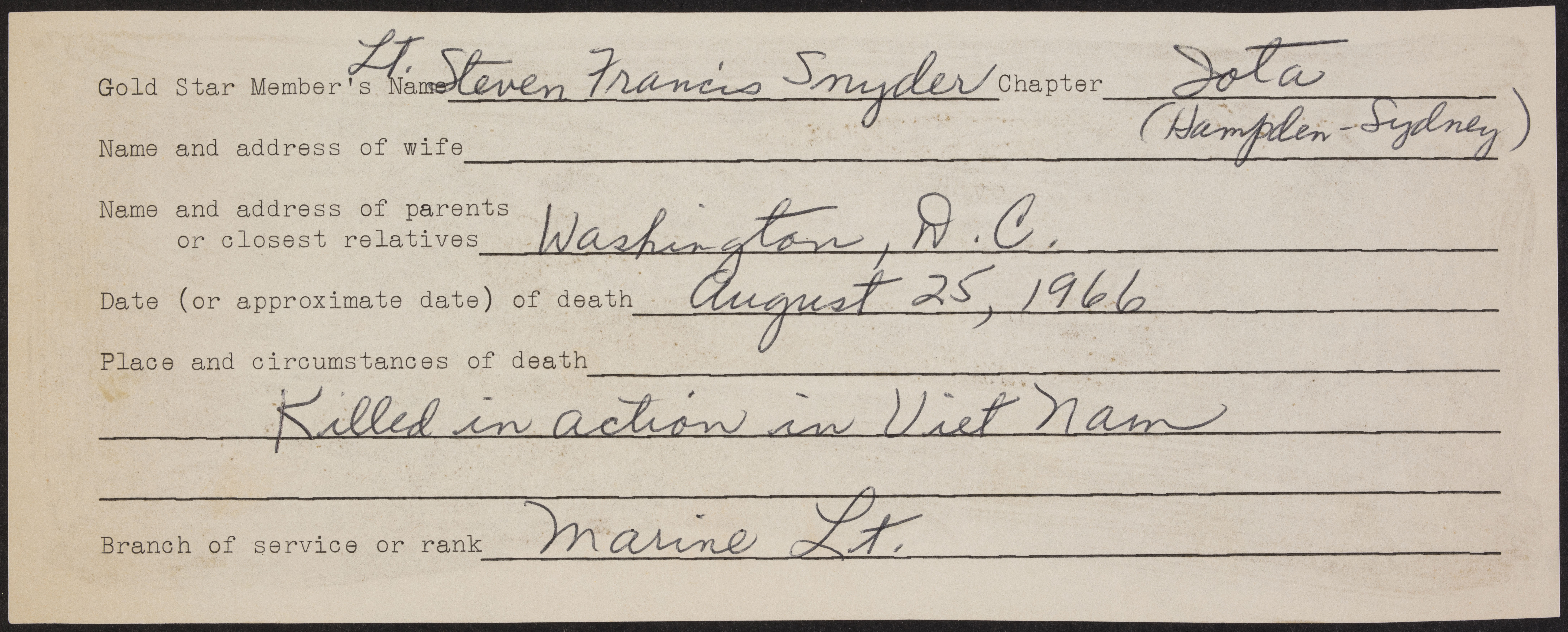 Stephen Francis Snyder War Record Form
