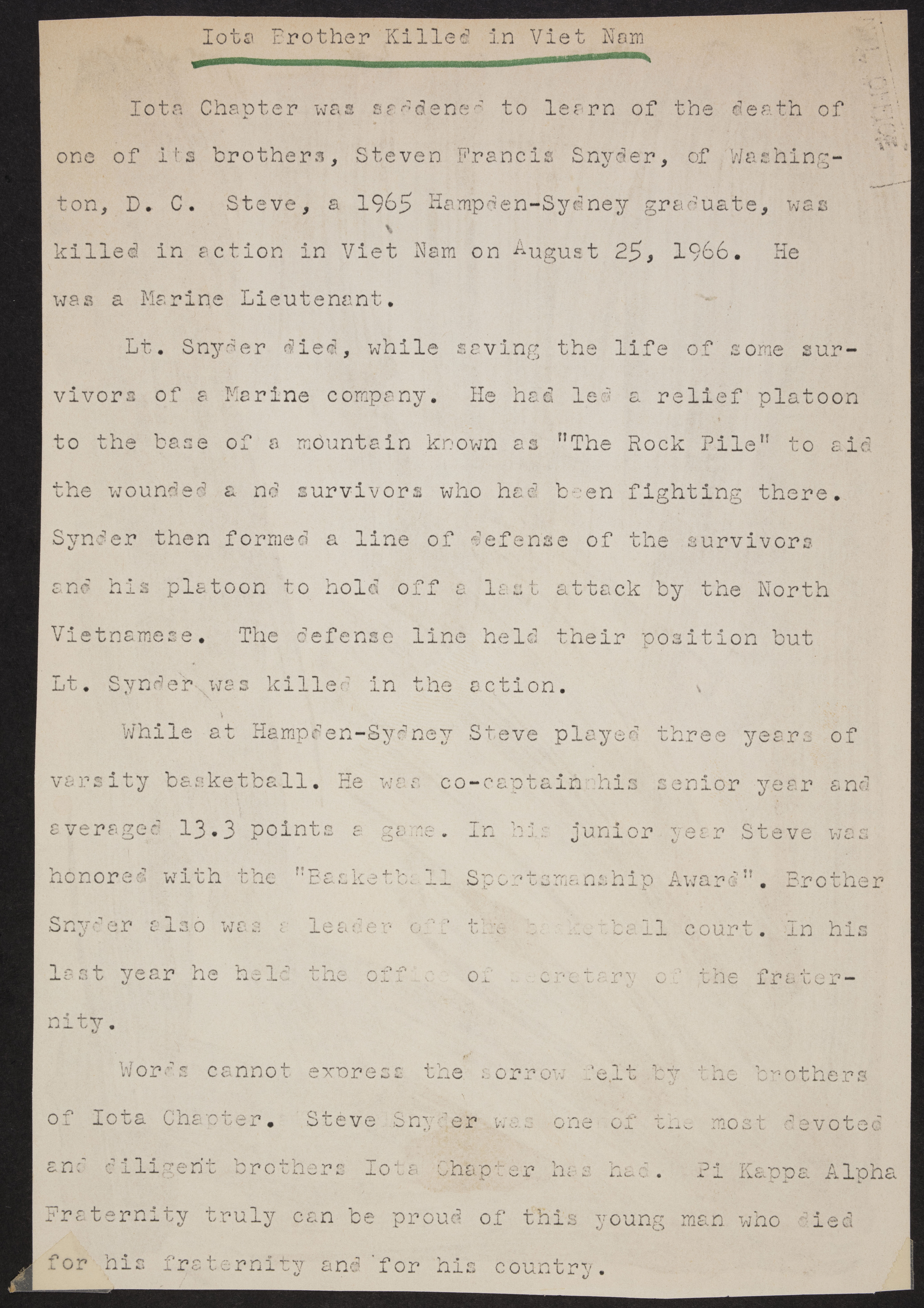 Iota Brother Killed in Viet Nam