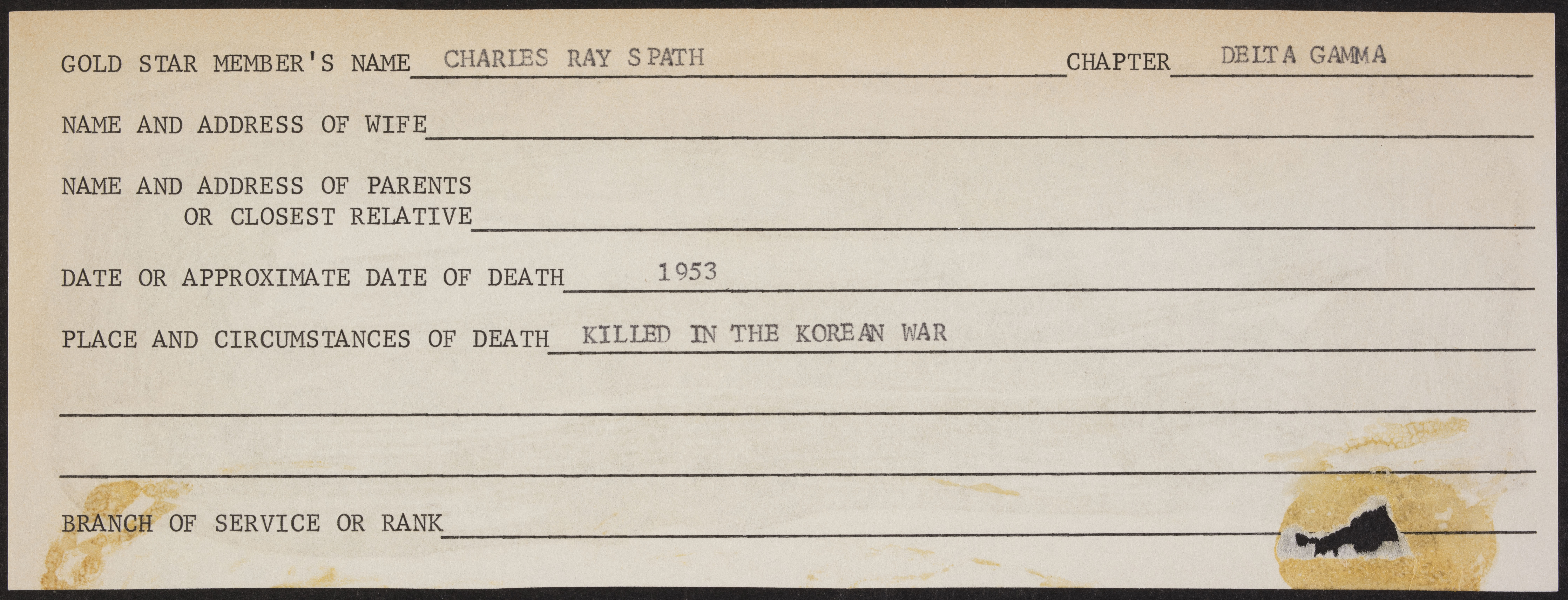 Charles Ray Spath War Record Form