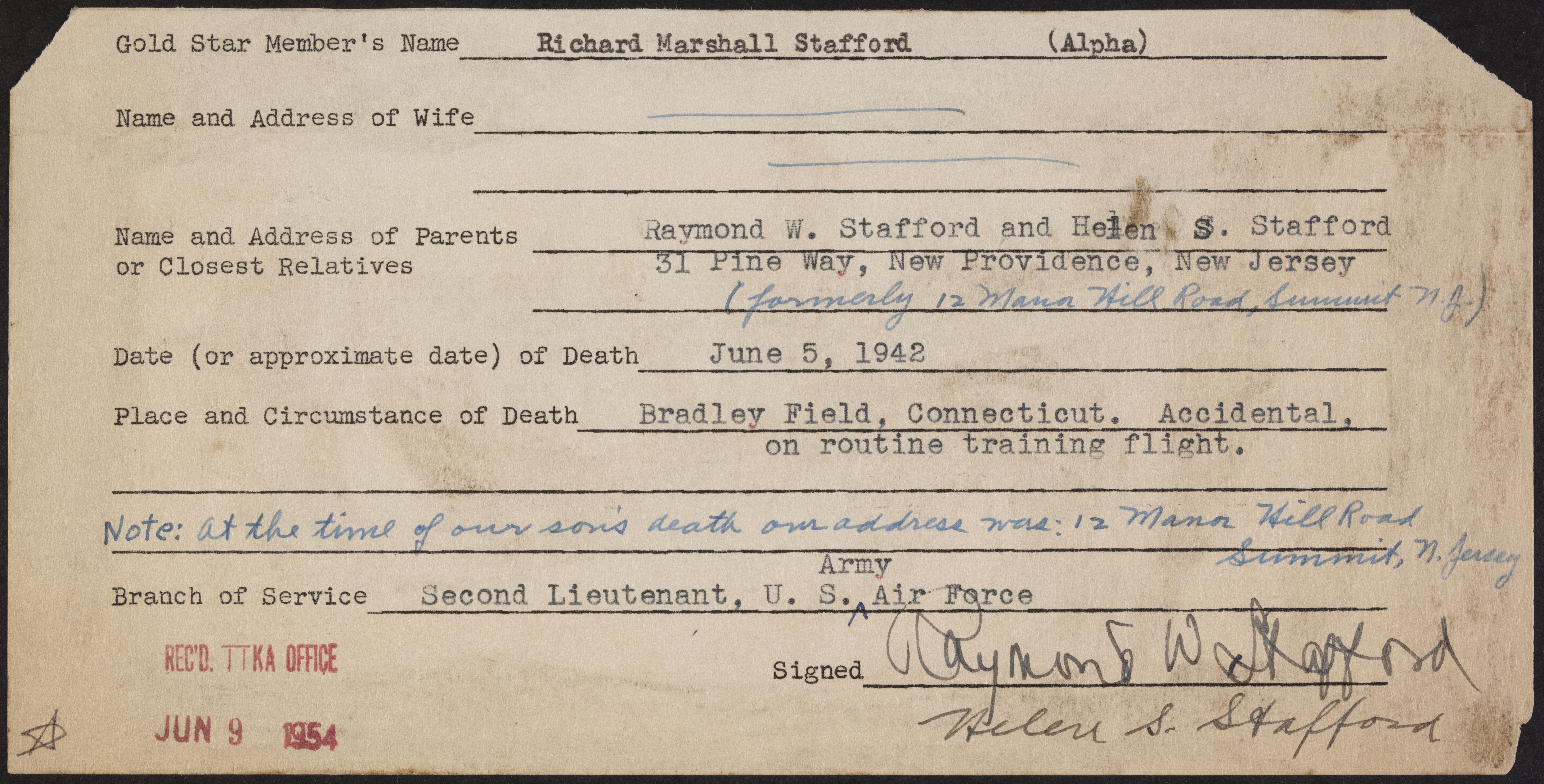 Richard Marshall Stafford War Record Form, June 9, 1954