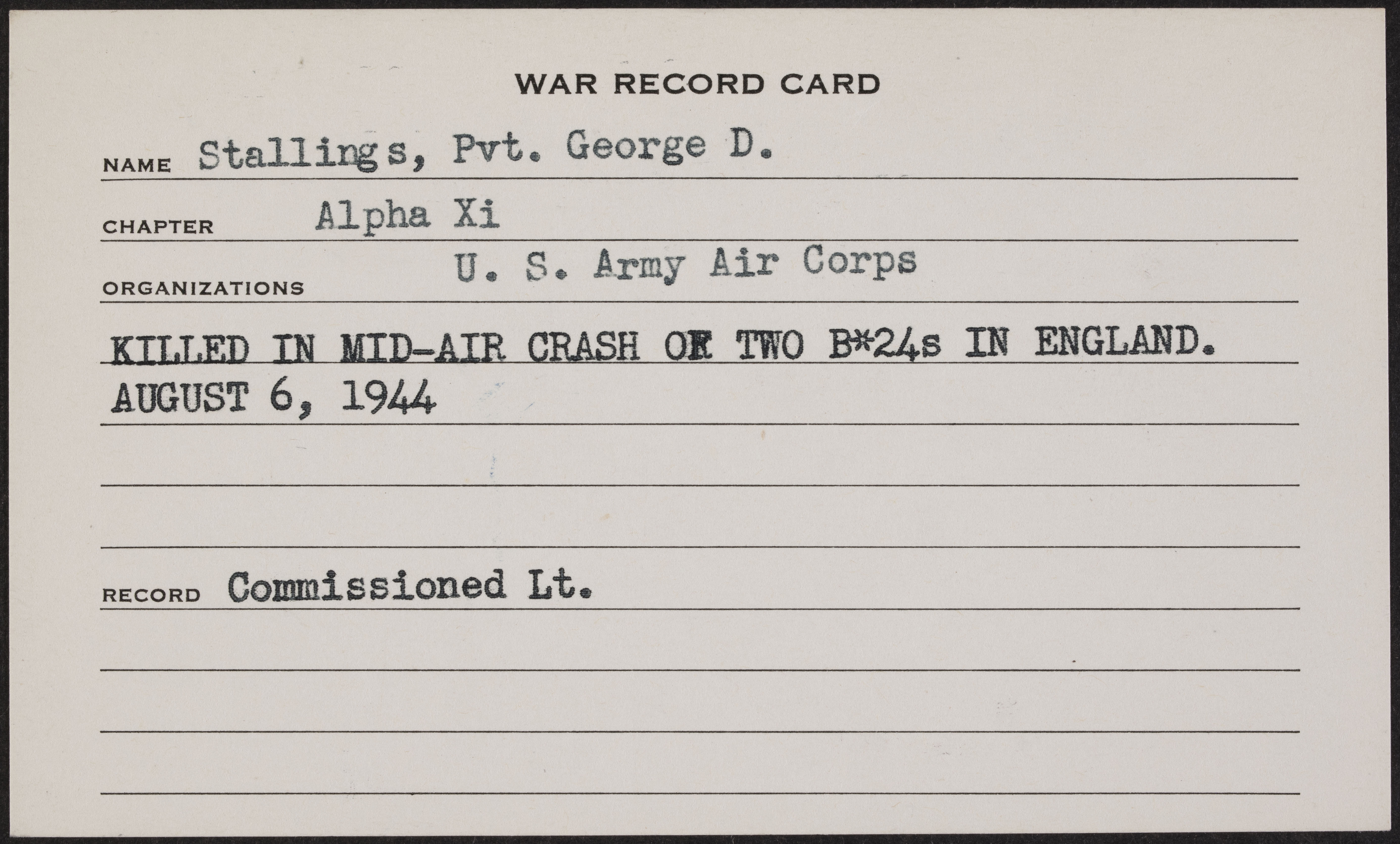 George Drummond Stallings War Record Card