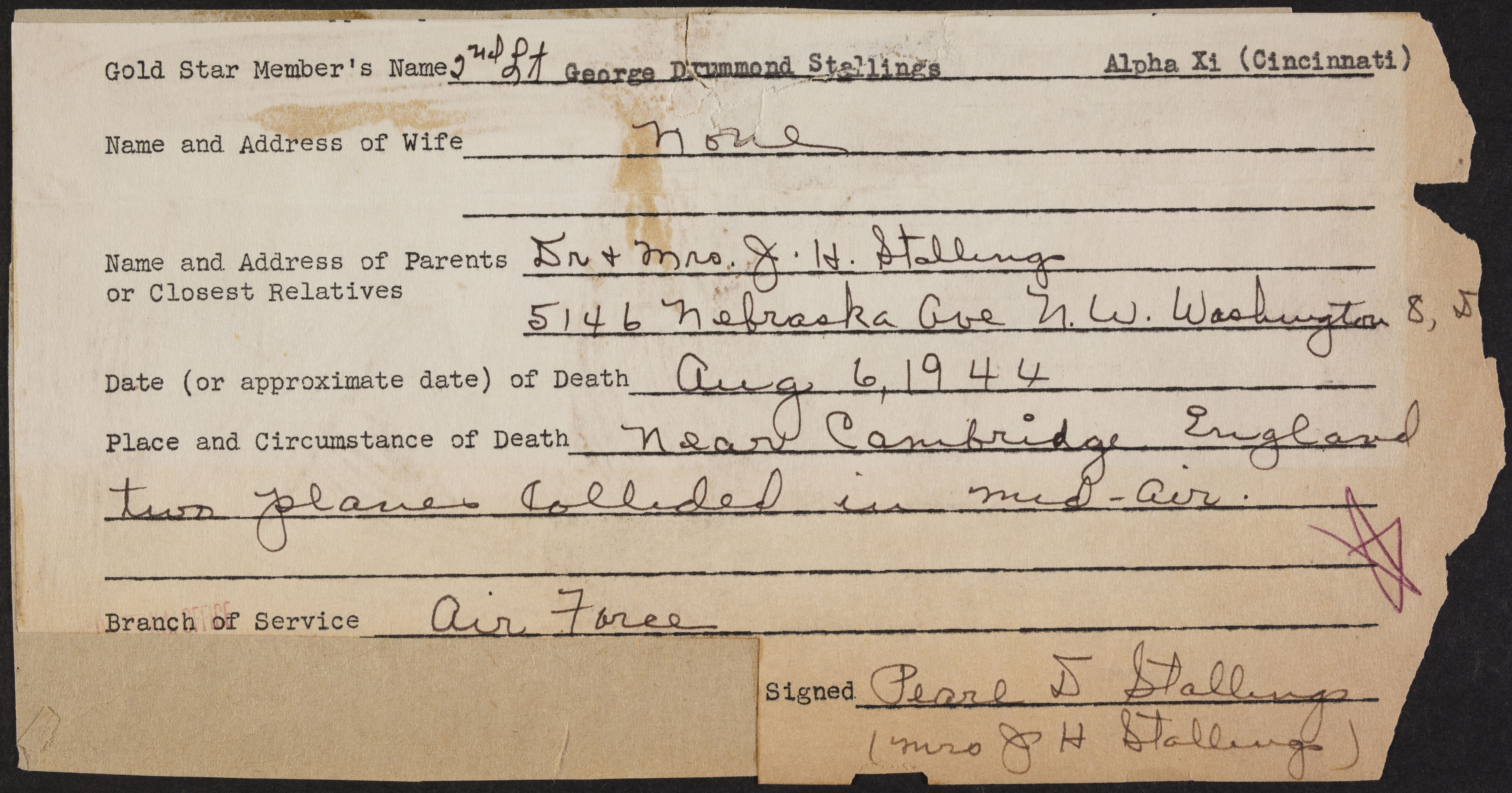 George Drummond Stallings War Record Form