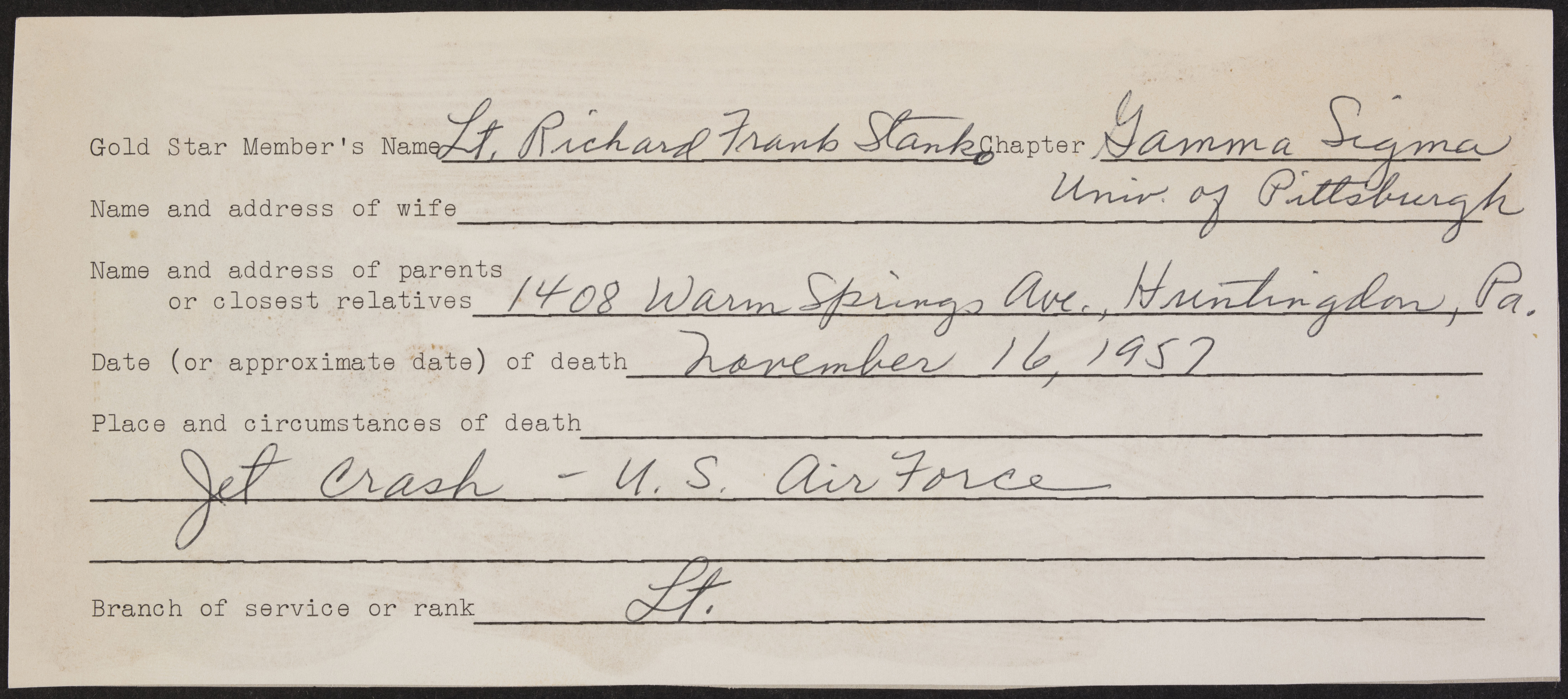 Richard Frank Stanko War Record Form