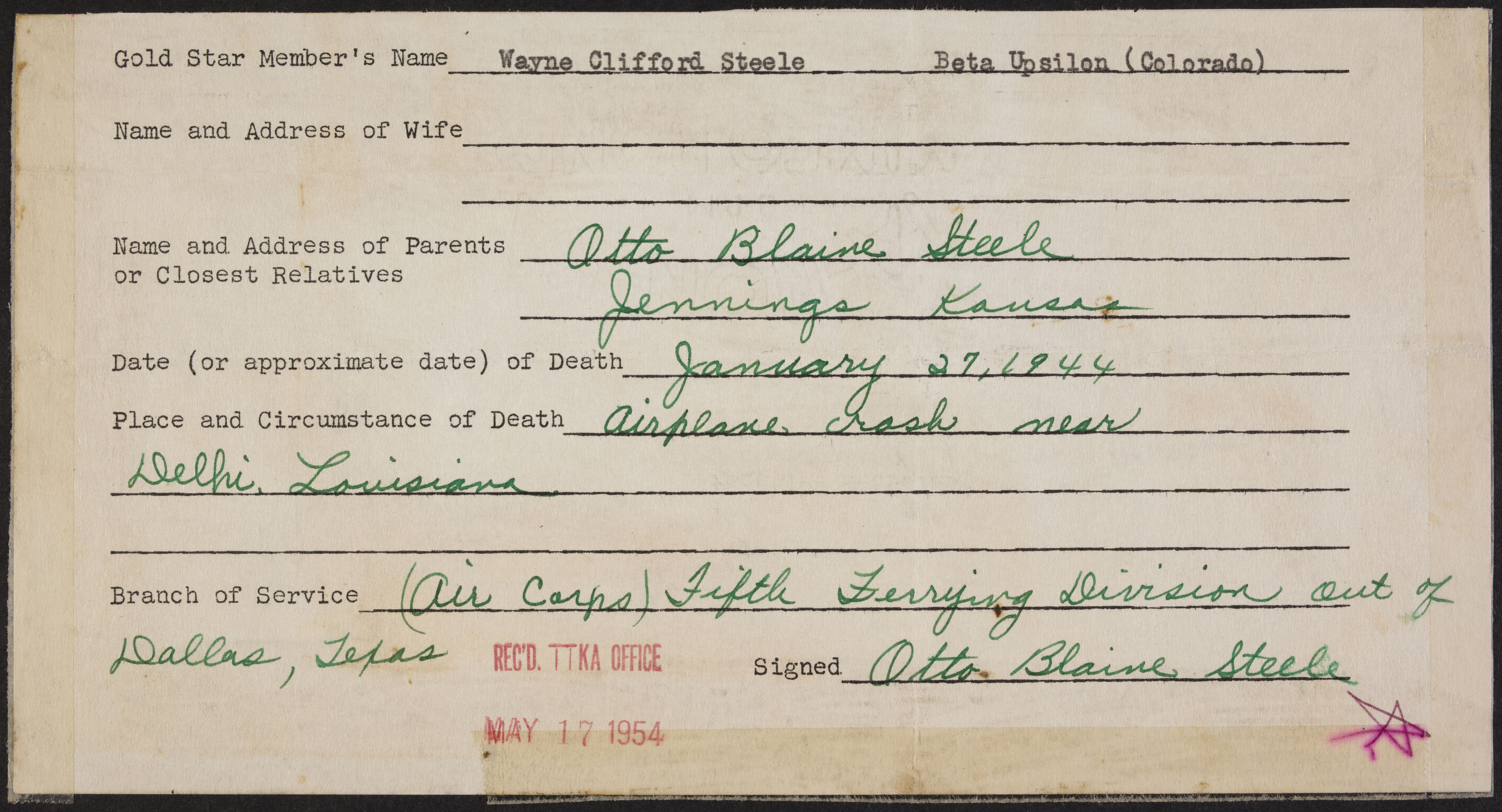 Wayne Clifford Steele War Record Form, May 17, 1954