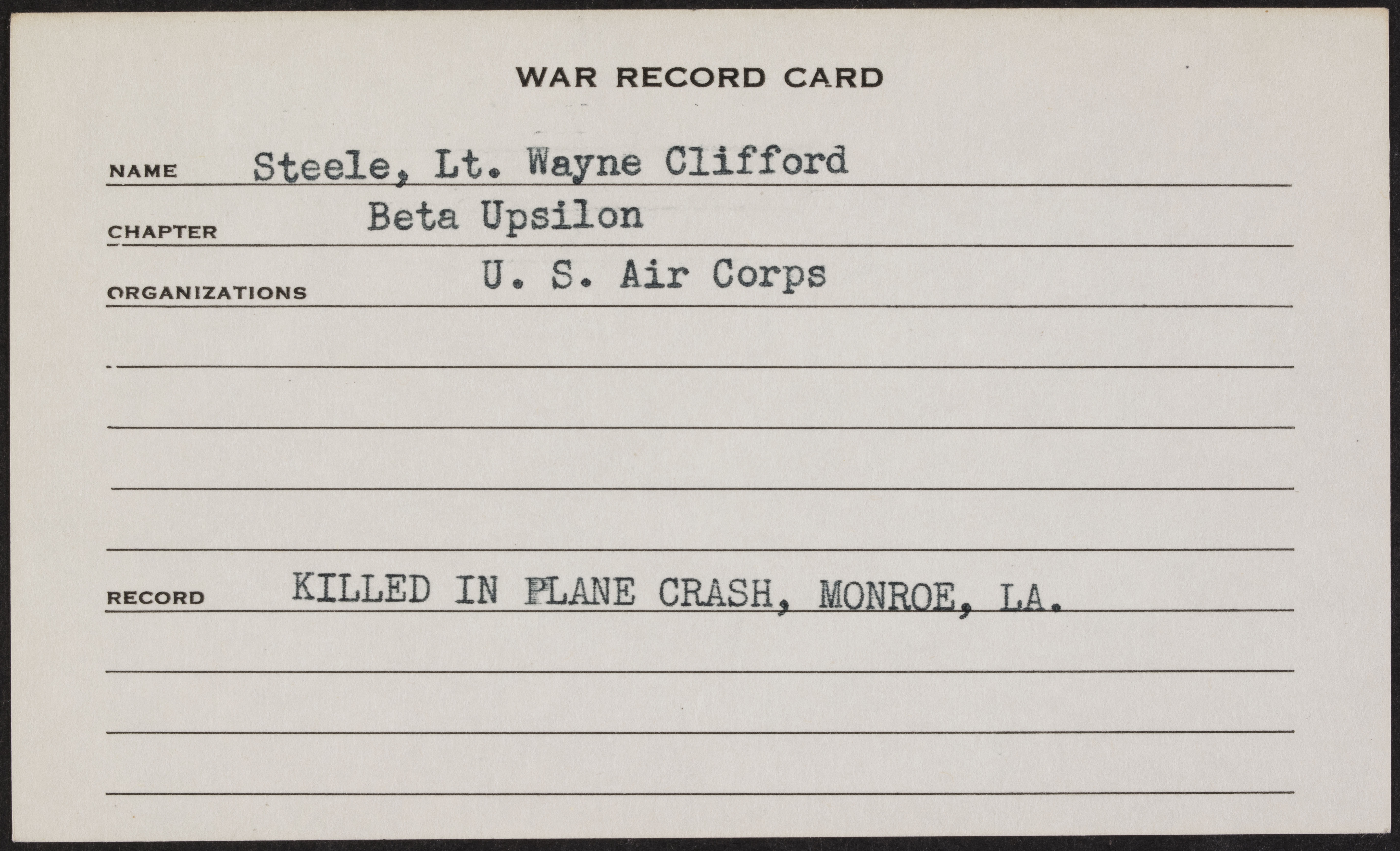 Wayne Clifford Steele War Record Card