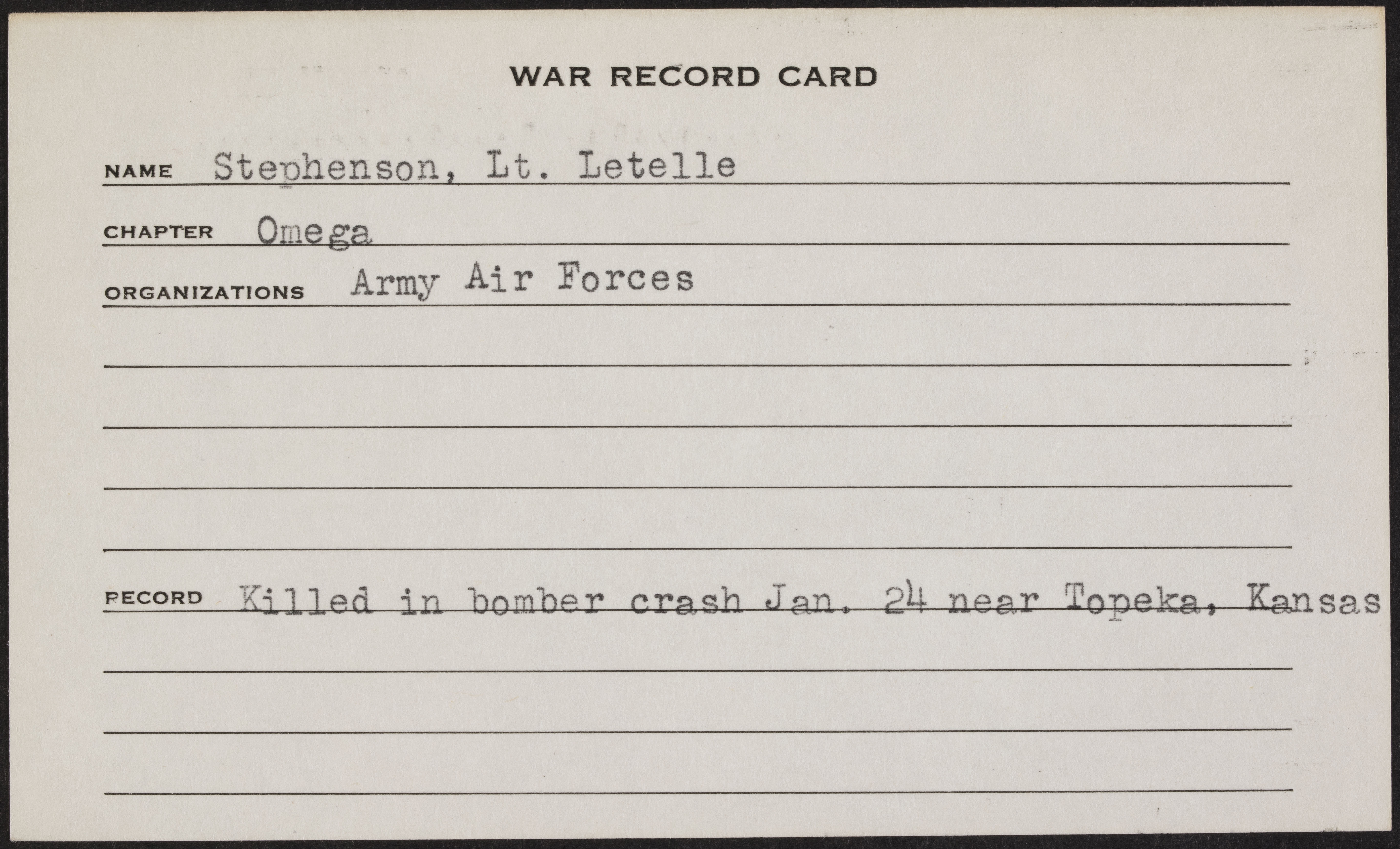 William Letelle Stephenson War Record Card