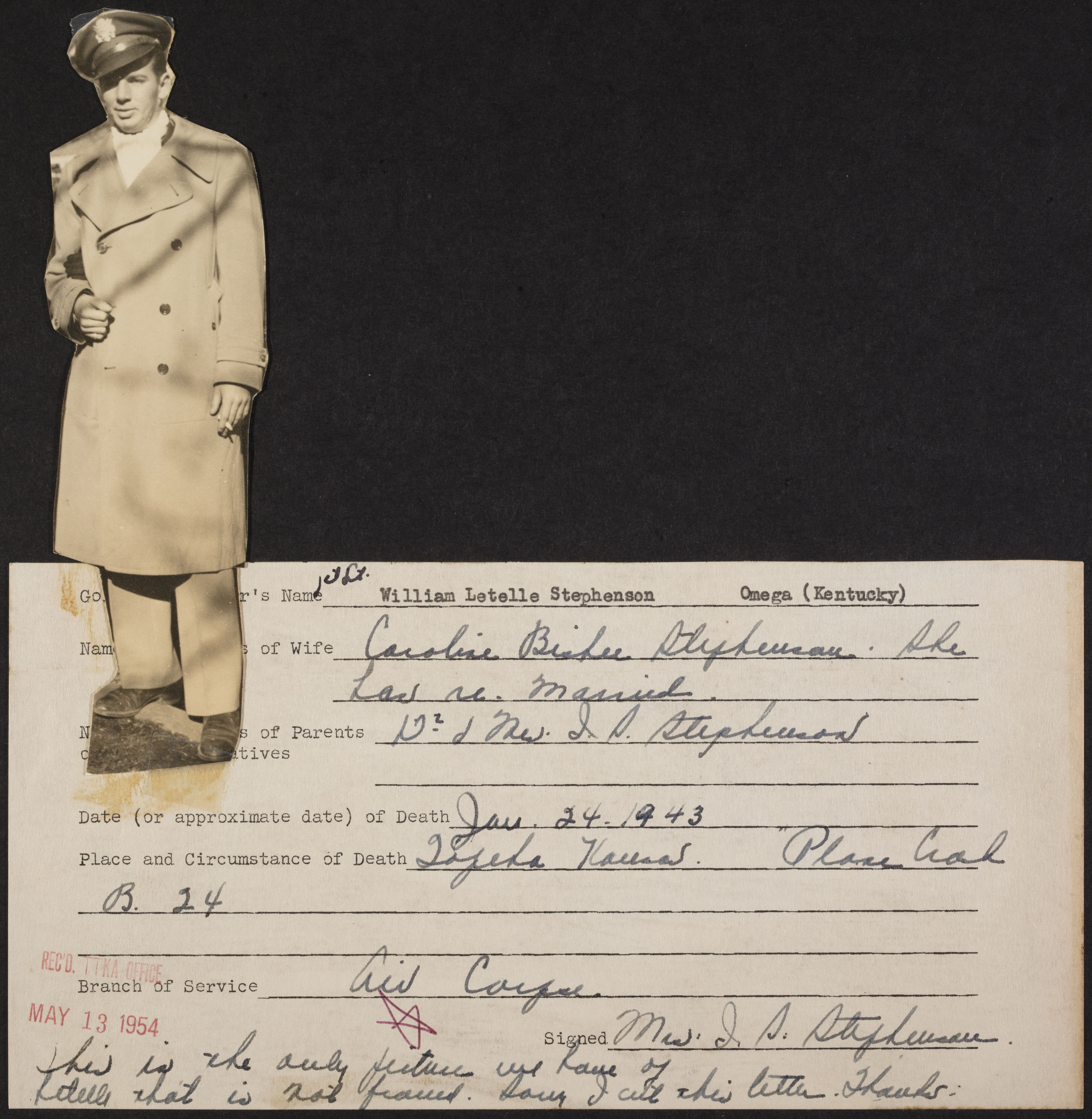 William Letelle Stephenson War Record Form, May 13, 1954