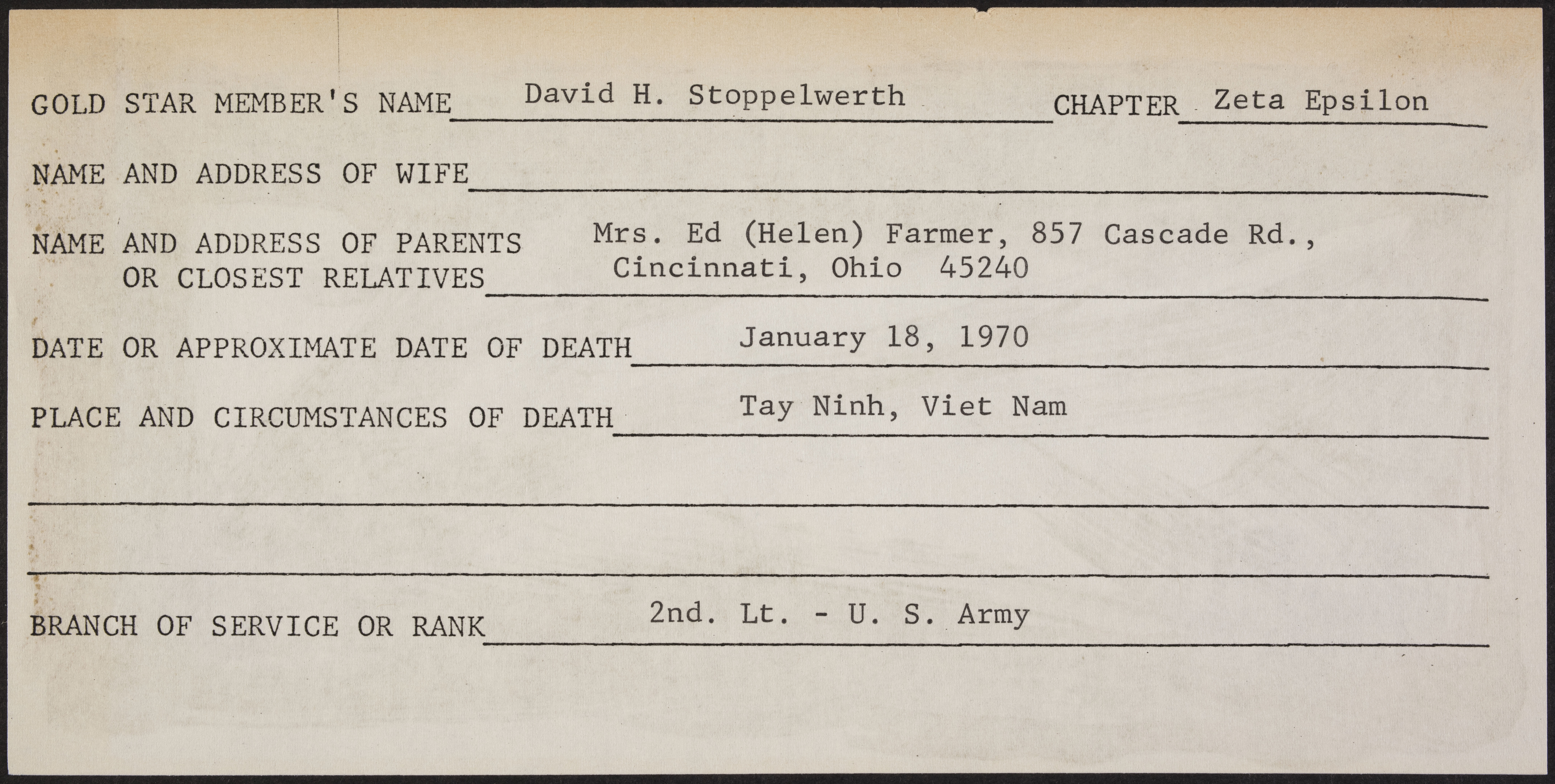 David Henry Stoppelwerth War Record Form