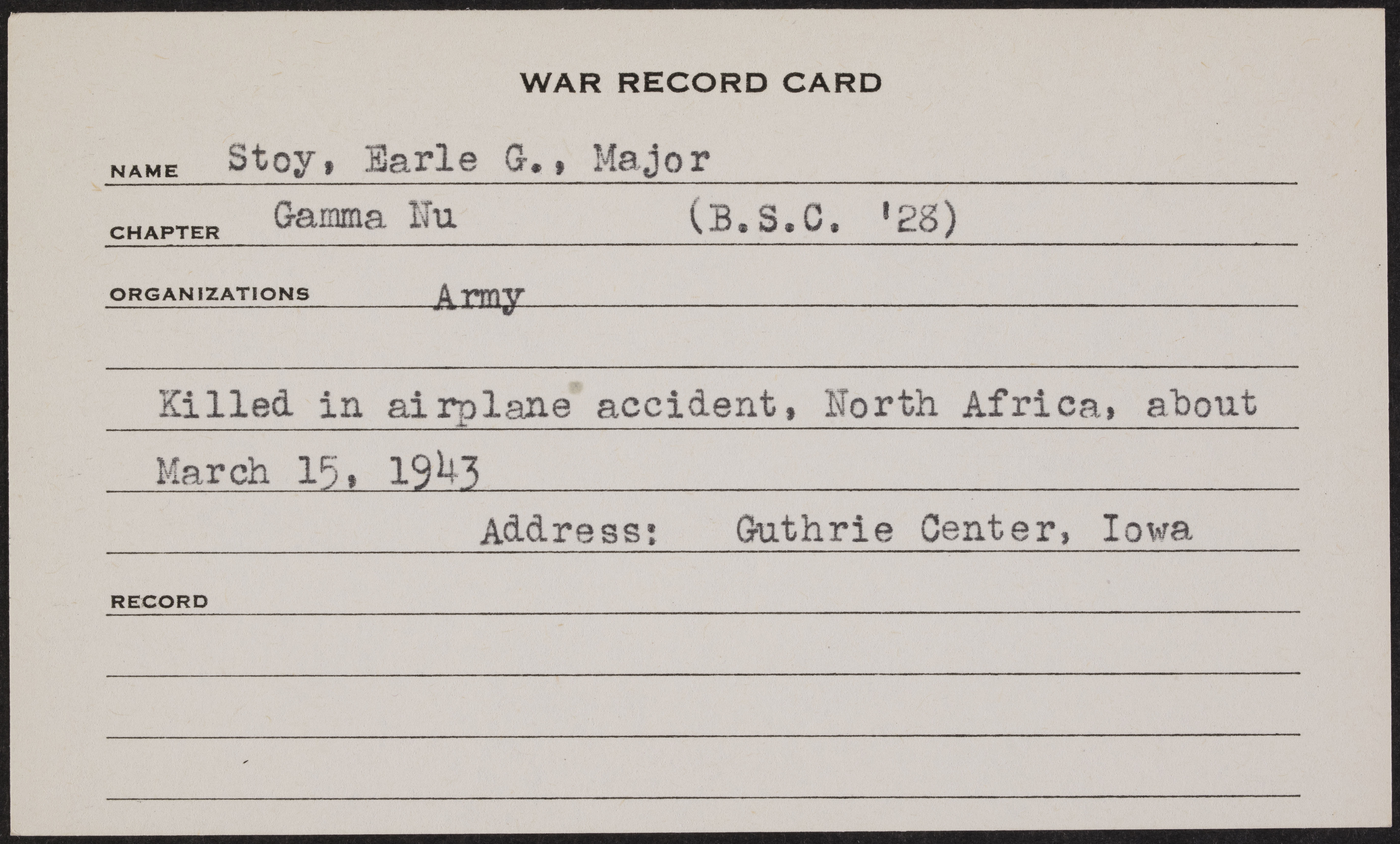 Earle G. Stoy War Record Card