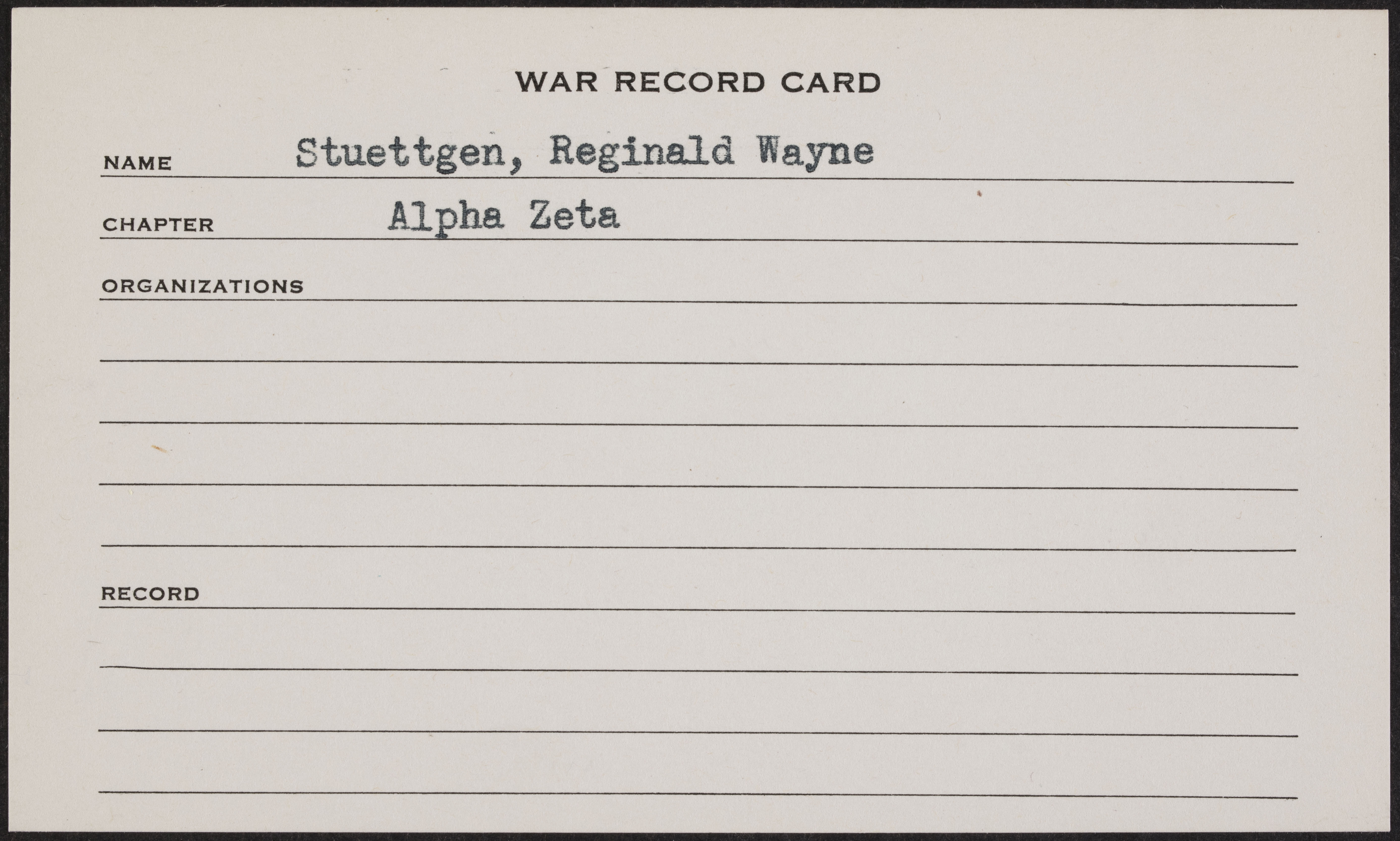 Reginald Wayne Stuettgen War Record Card