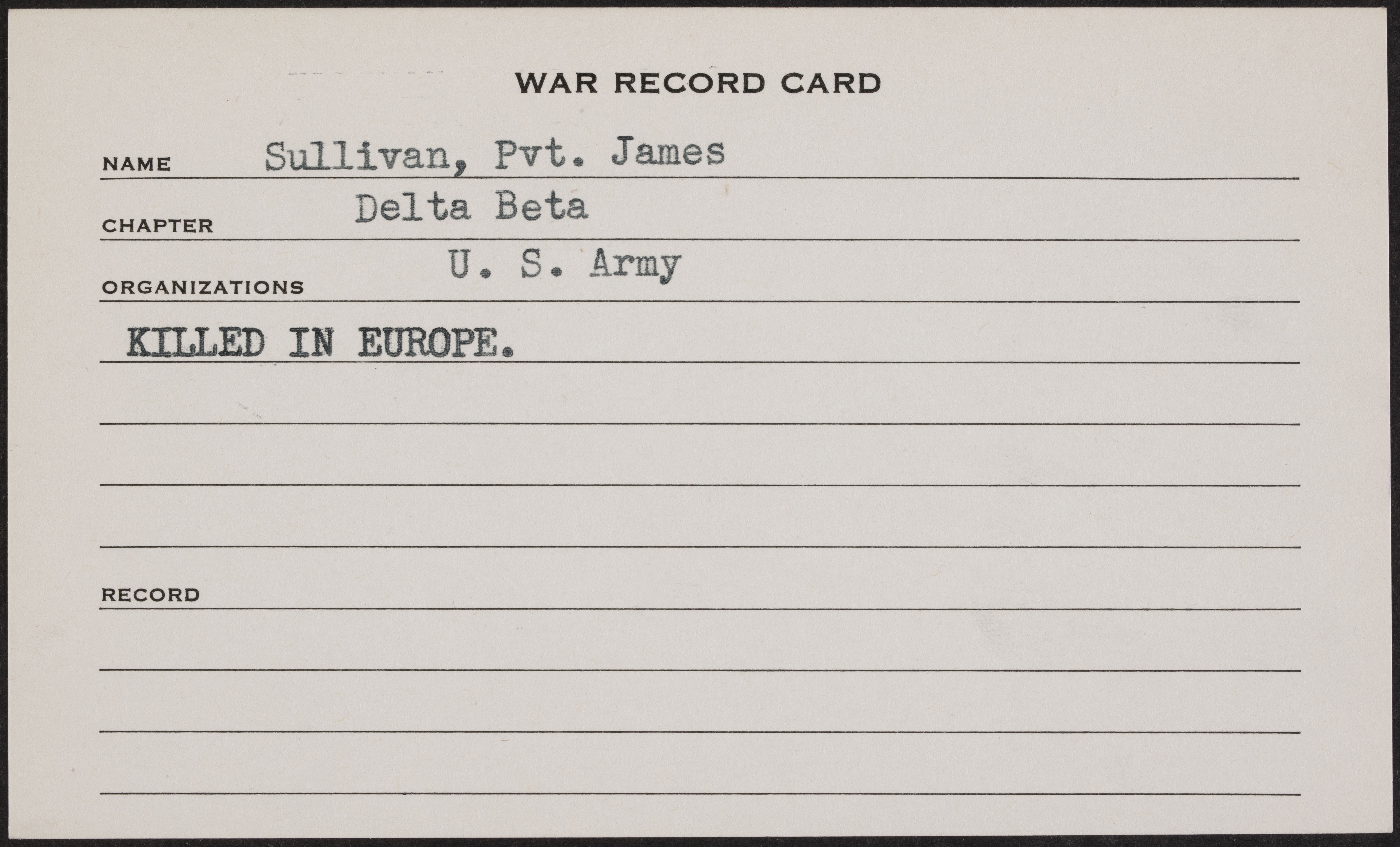 James William Sullivan War Record Card