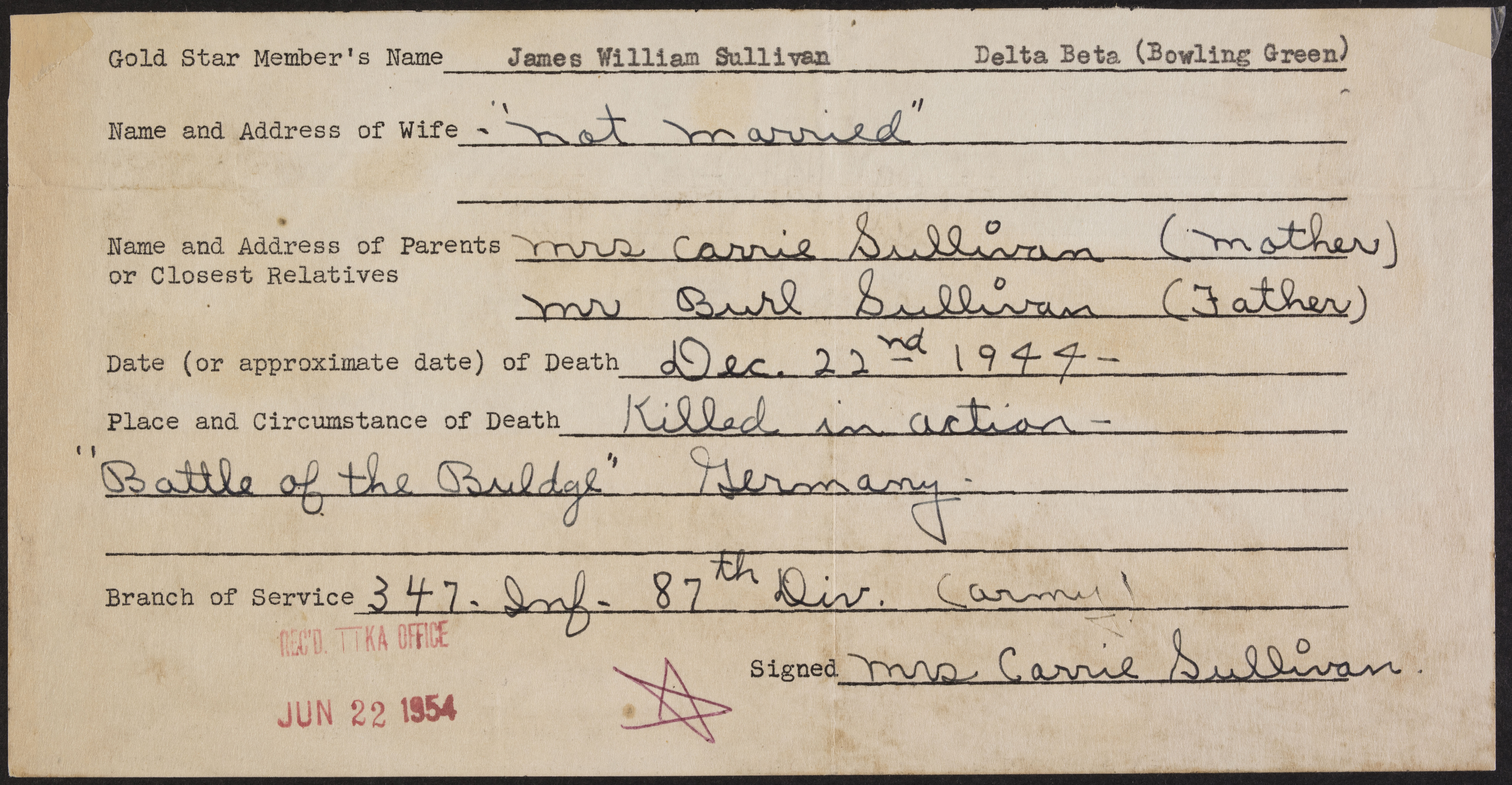 James William Sullivan War Record Form, June 22, 1954