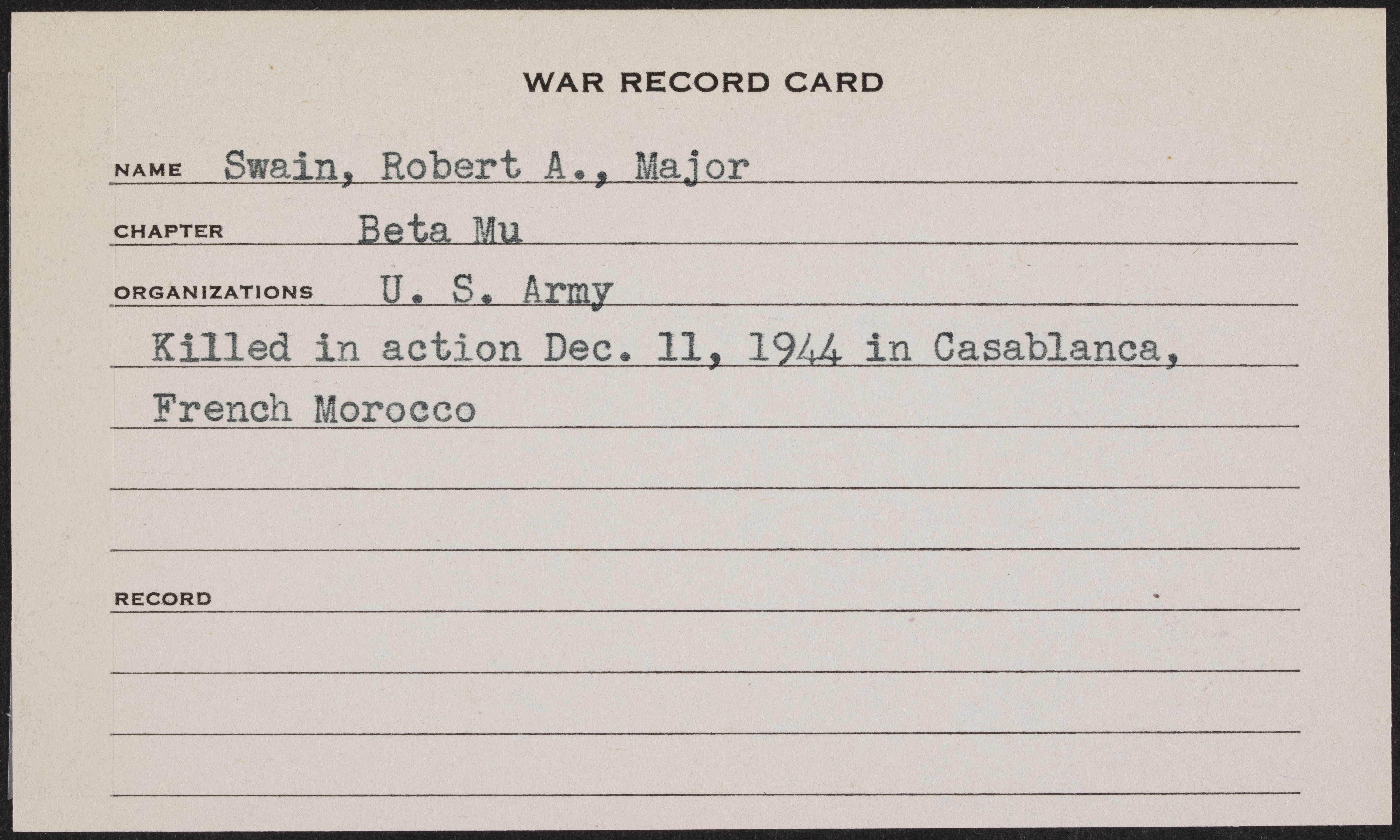 Robert Adams Swain War Record Card
