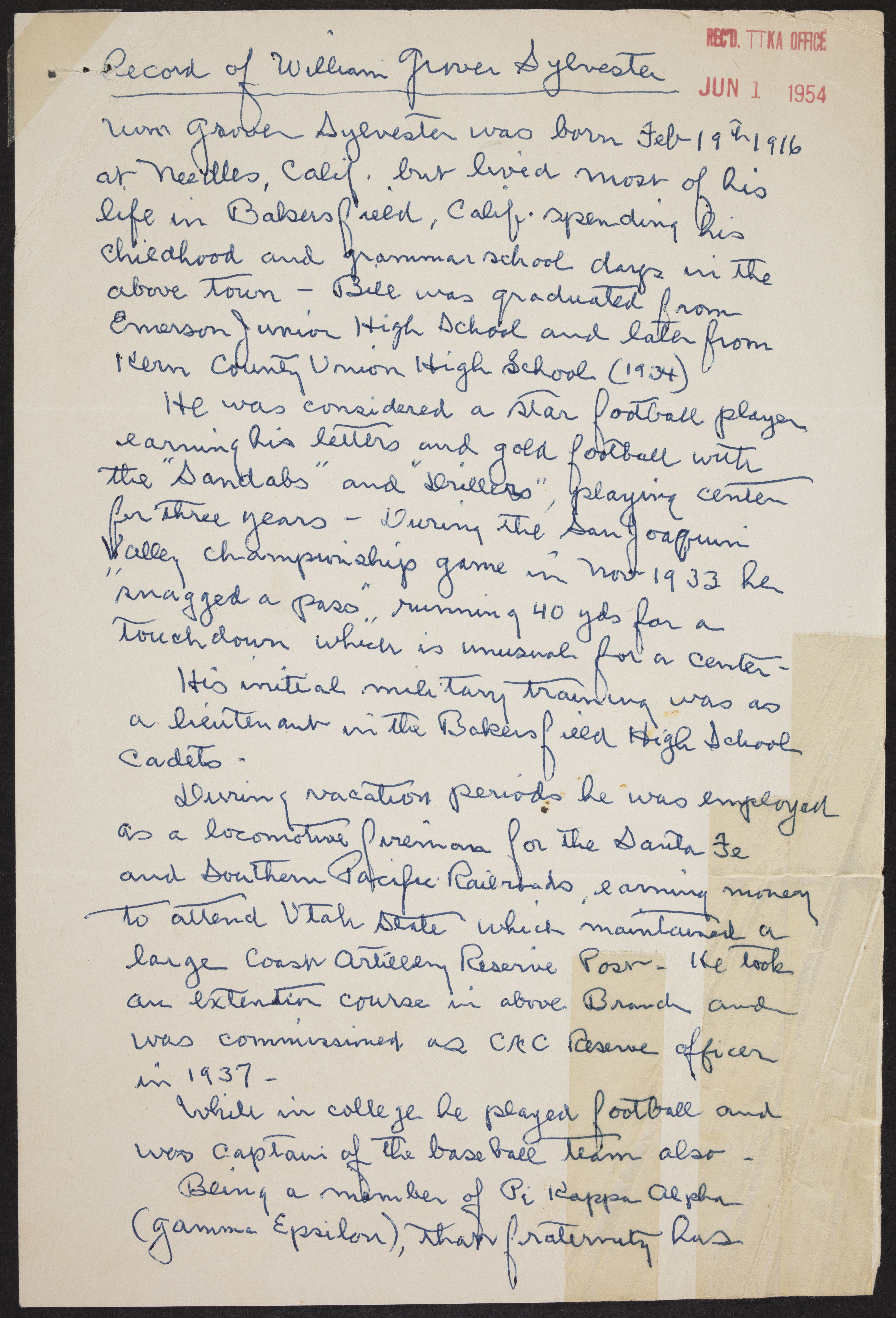 Record of William Grover Sylvester, June 1, 1954