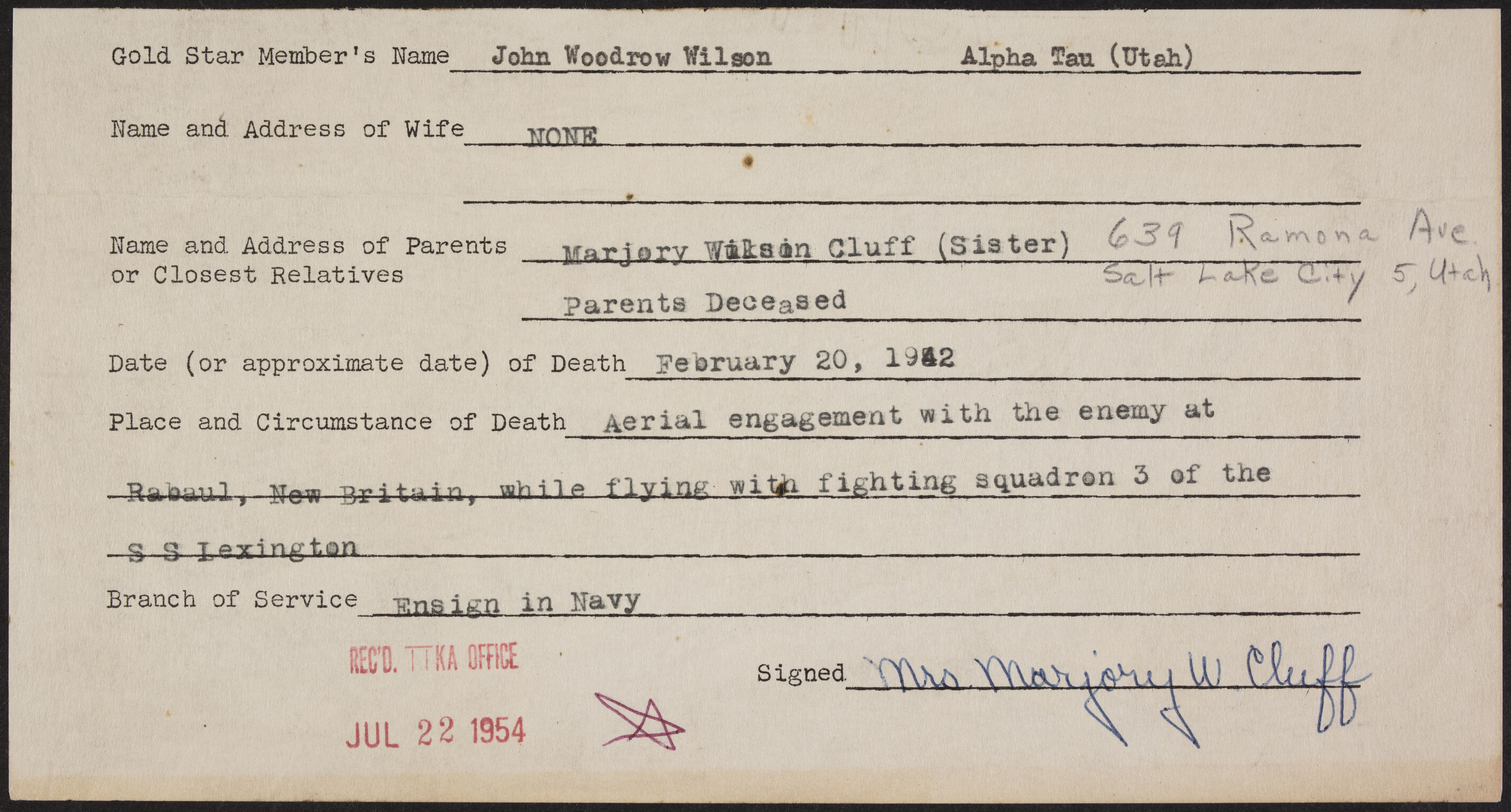 John Woodrow Wilson War Record Form, July 22, 1954