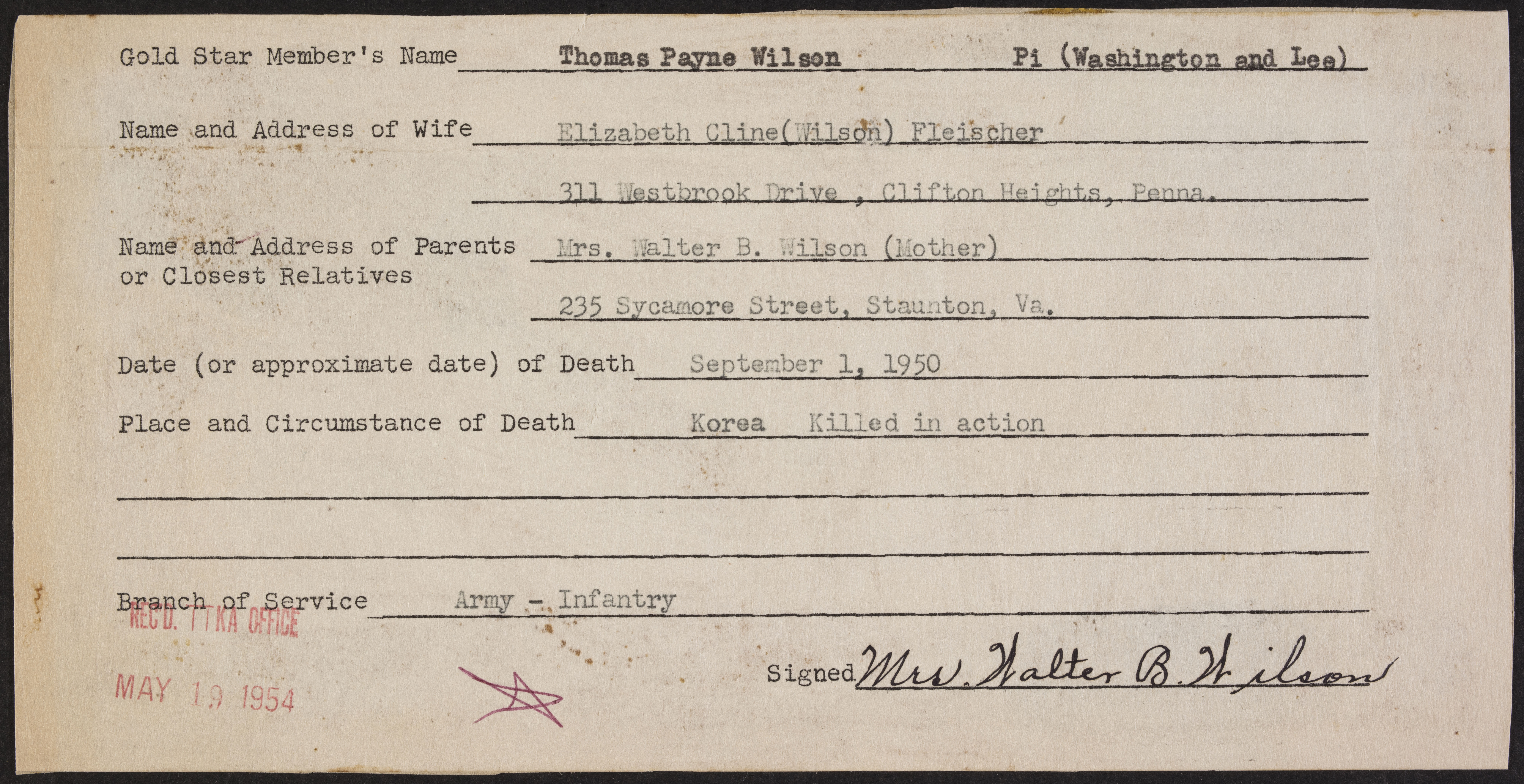 Thomas Payne Wilson War Record Form, May 19, 1954