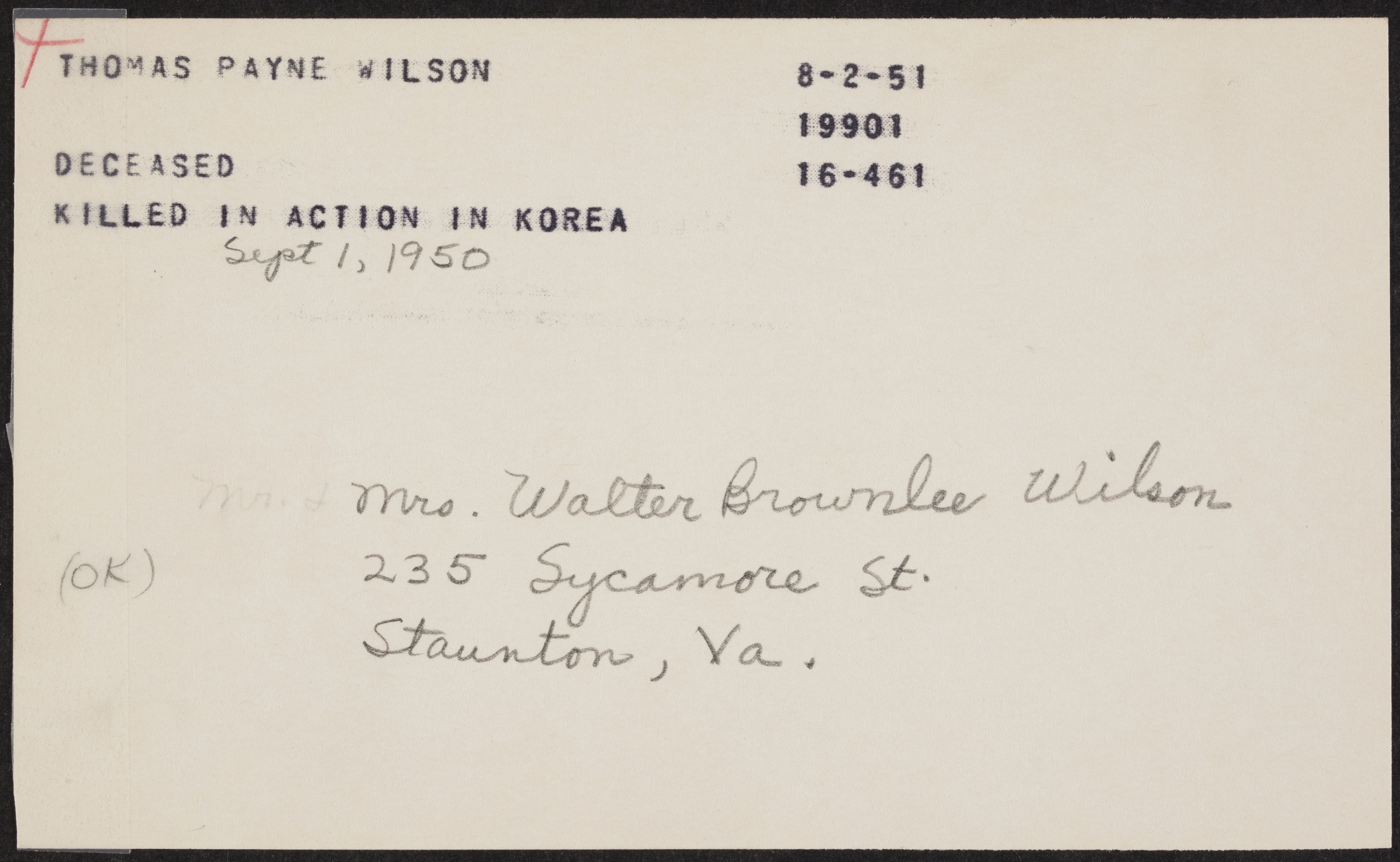 Thomas Payne Wilson War Record Card