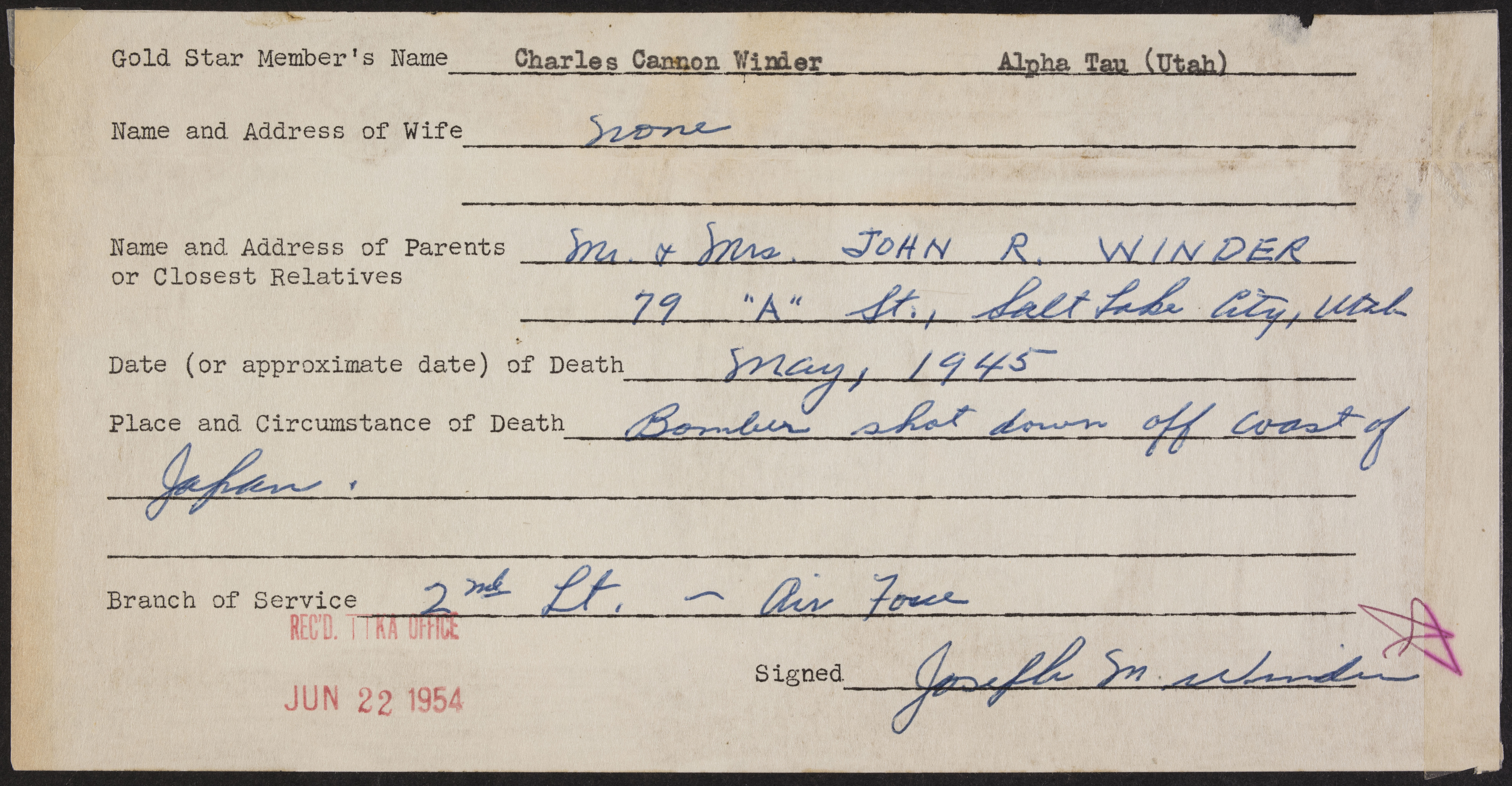 Charles Cannon Winder War Record Form, June 22, 1954