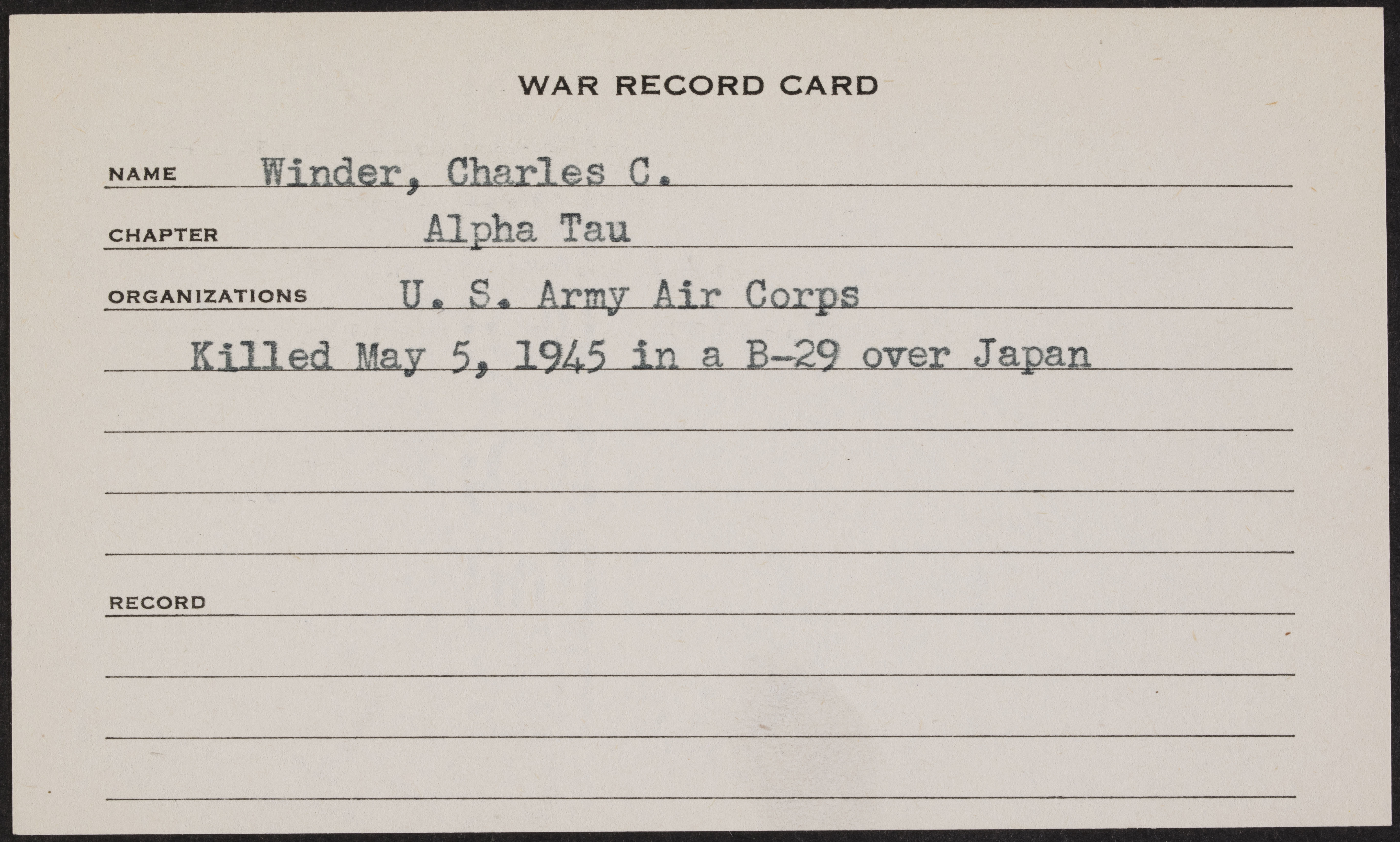 Charles Cannon Winder War Record Card