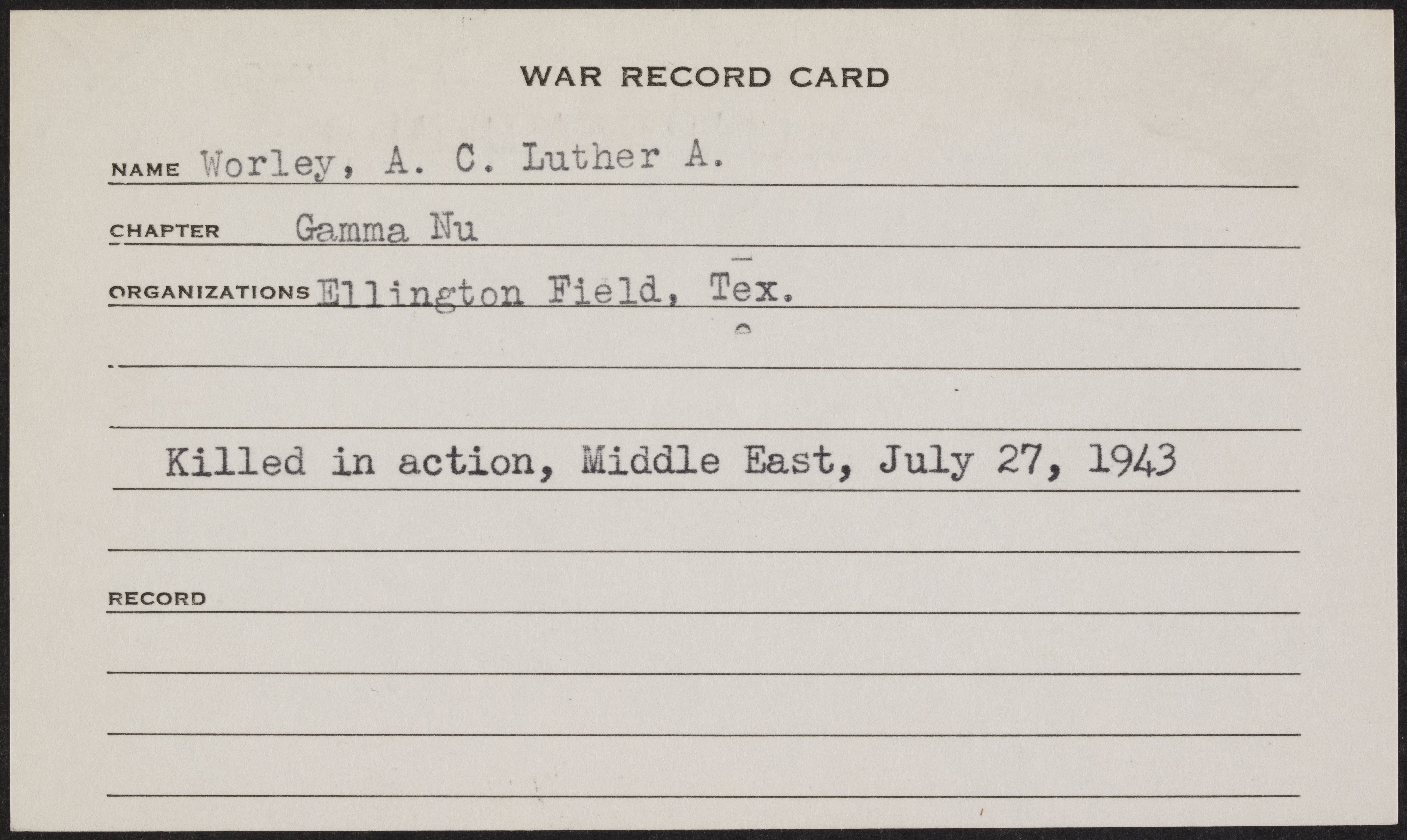 Luther A. Worley War Record Card