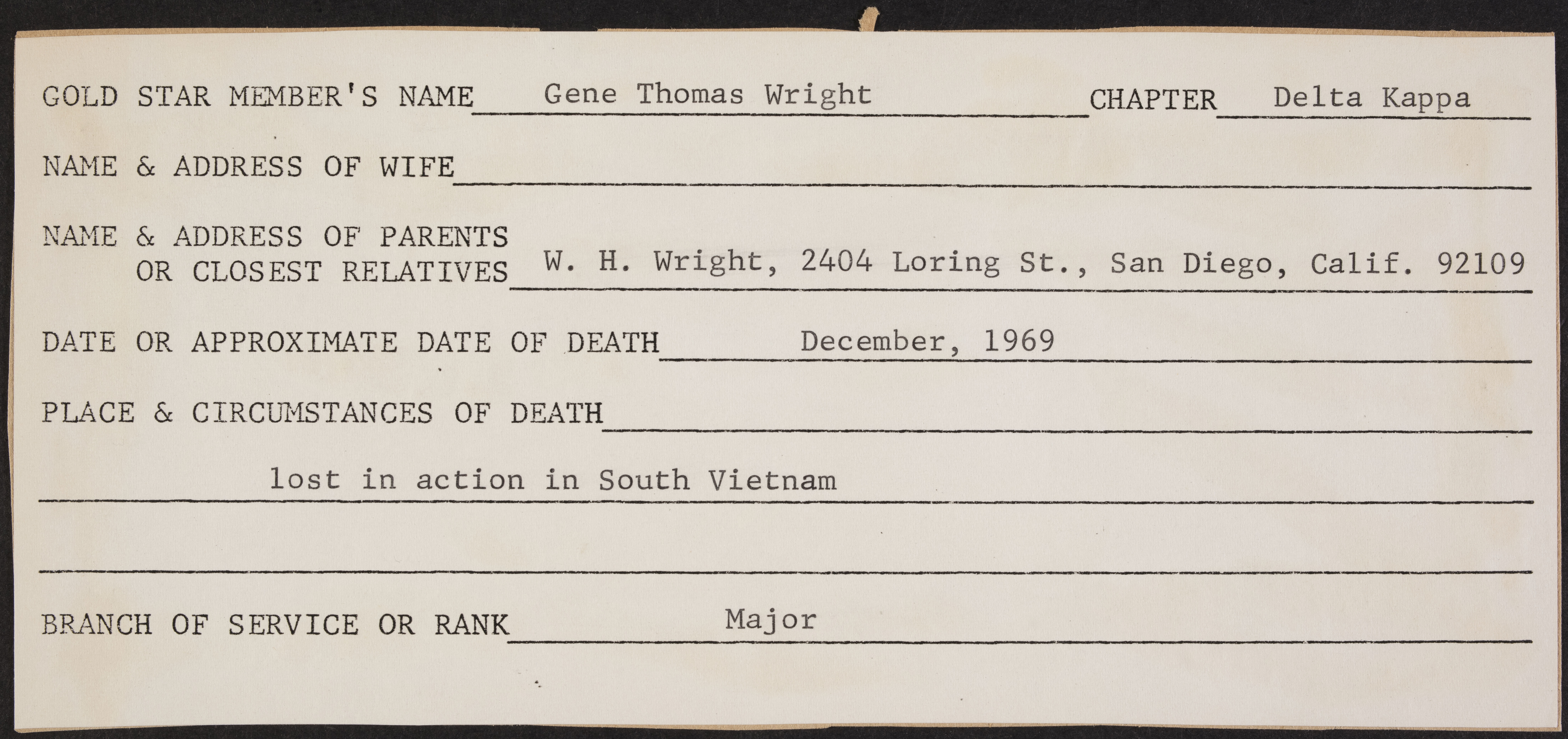 Gene Thomas Wright War Record Form