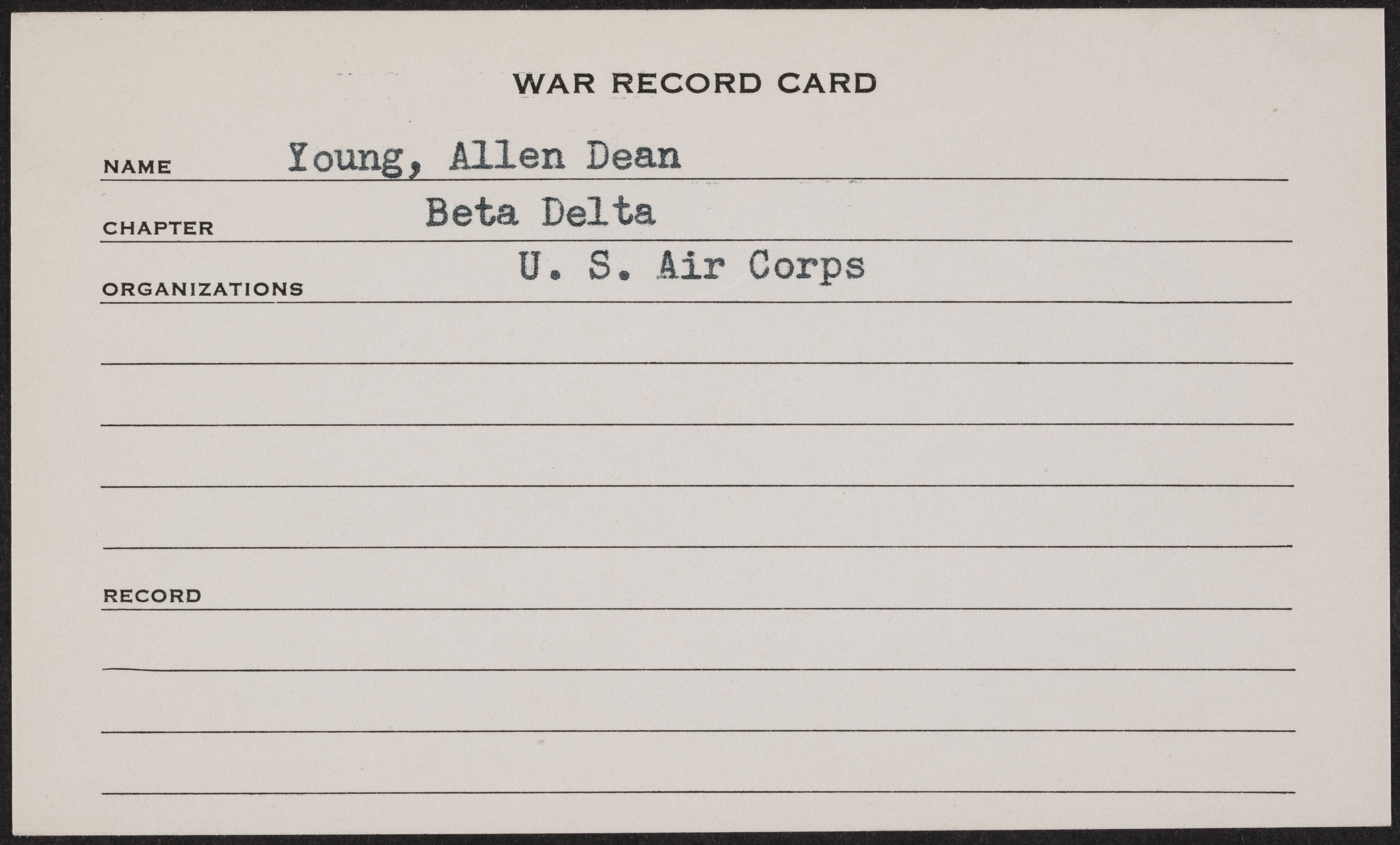 Allen Dean Young War Record Card