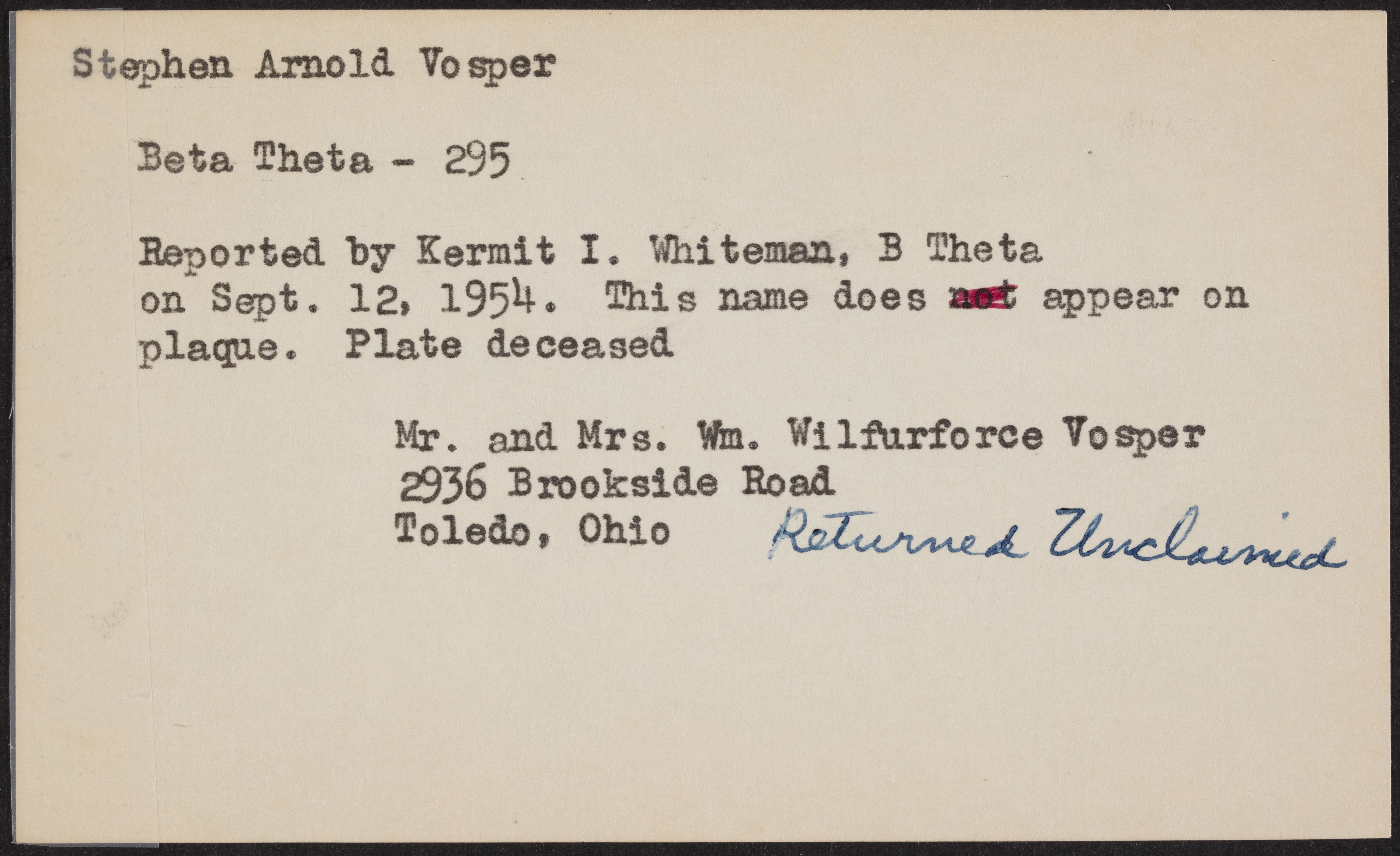 Stephen Arnold Vosper War Record Card