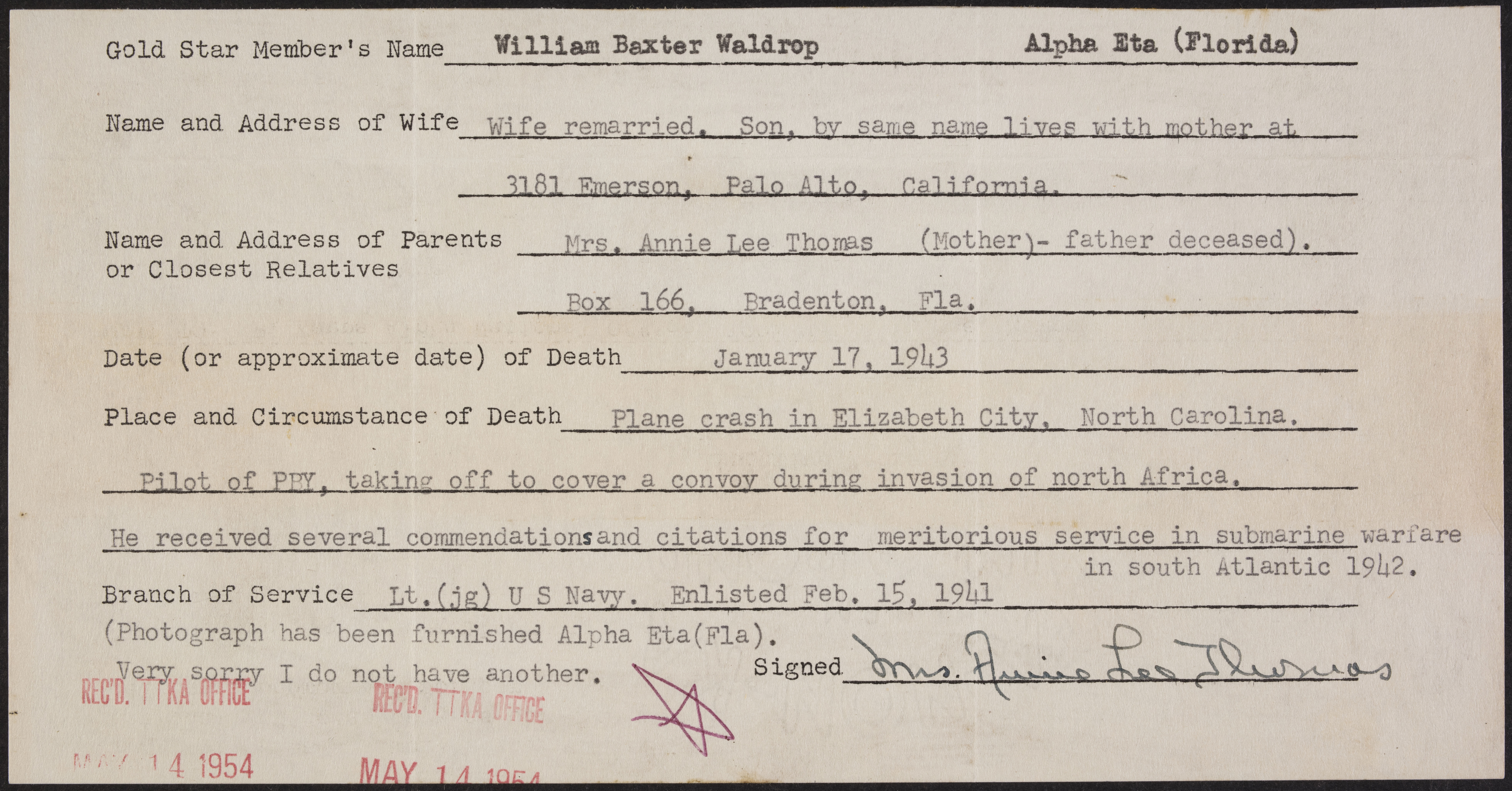 William Baxter Waldrop War Record Form, May 14, 1954