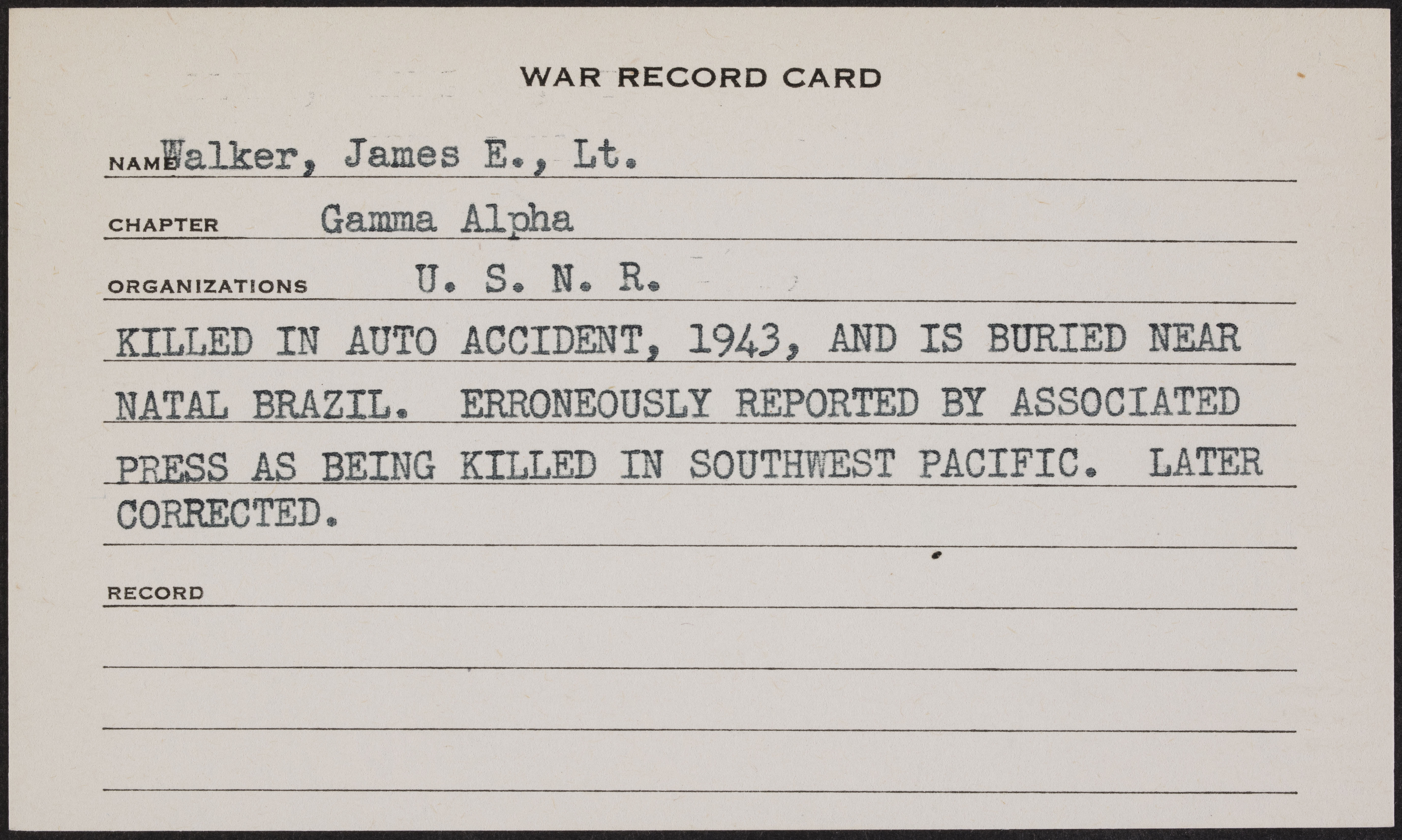 James Edwin Walker War Record Card