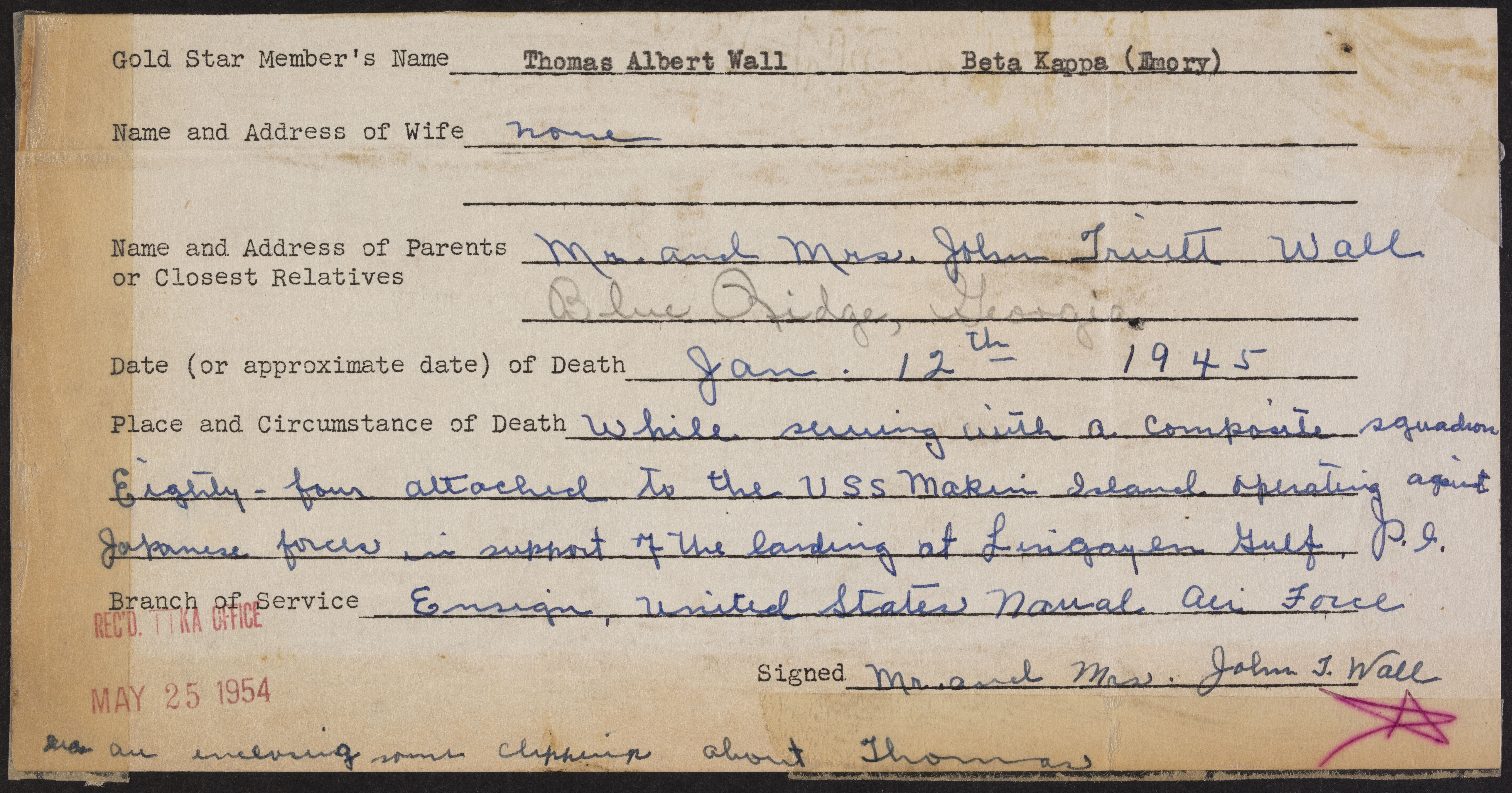 Thomas Albert Wall War Record Form, May 25, 1954
