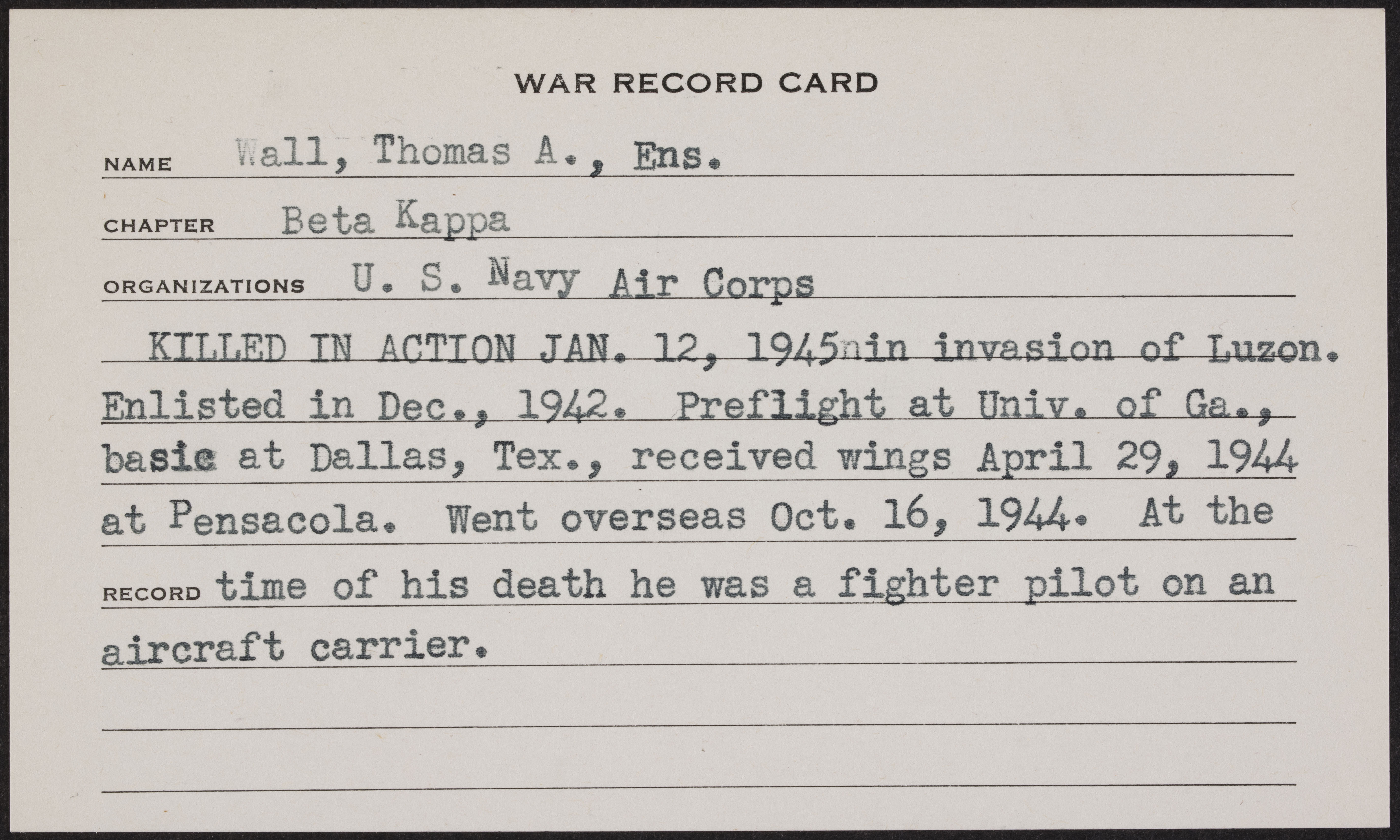 Thomas Albert Wall War Record Card