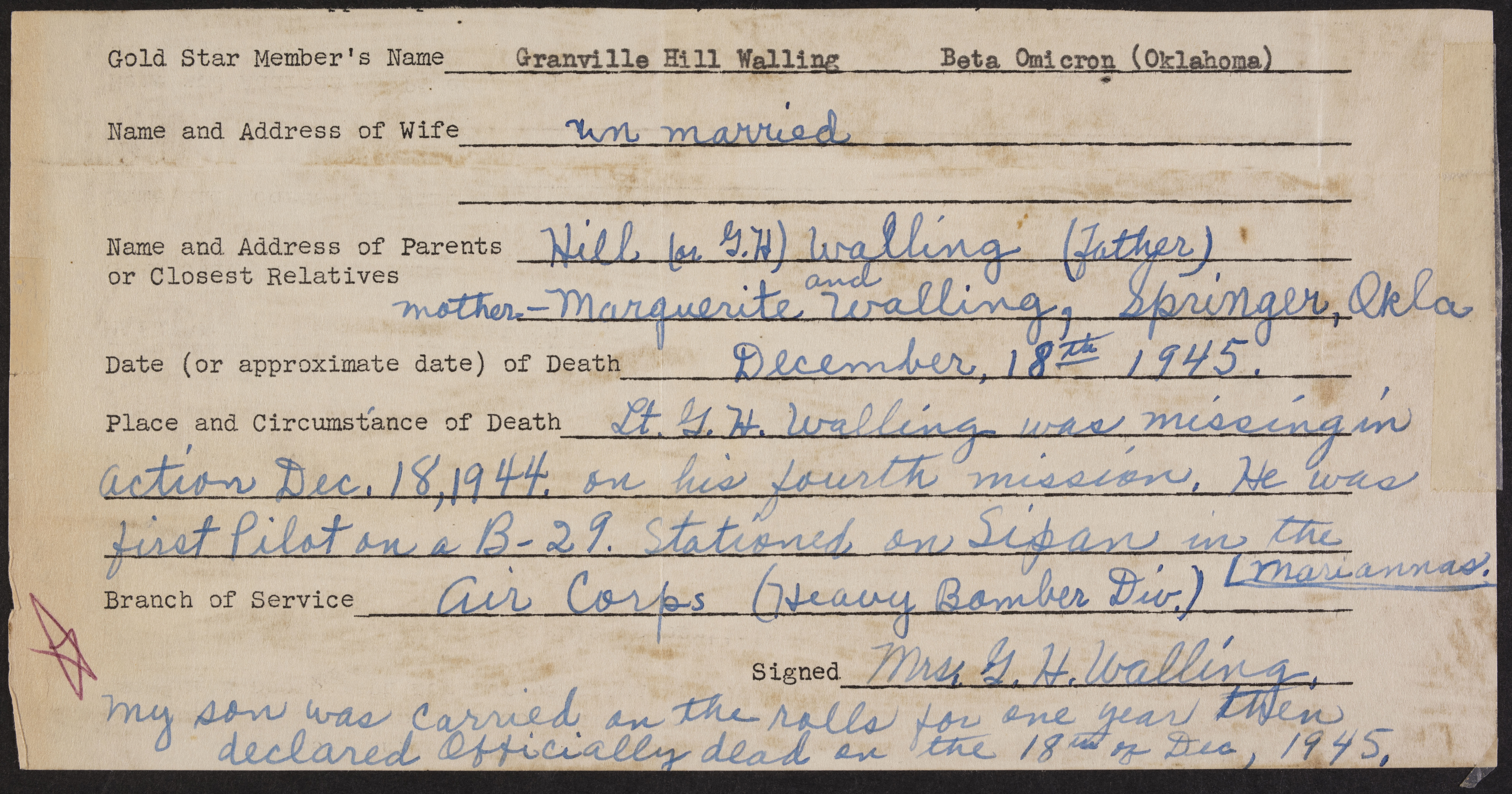 Granville Hill Walling War Record Form