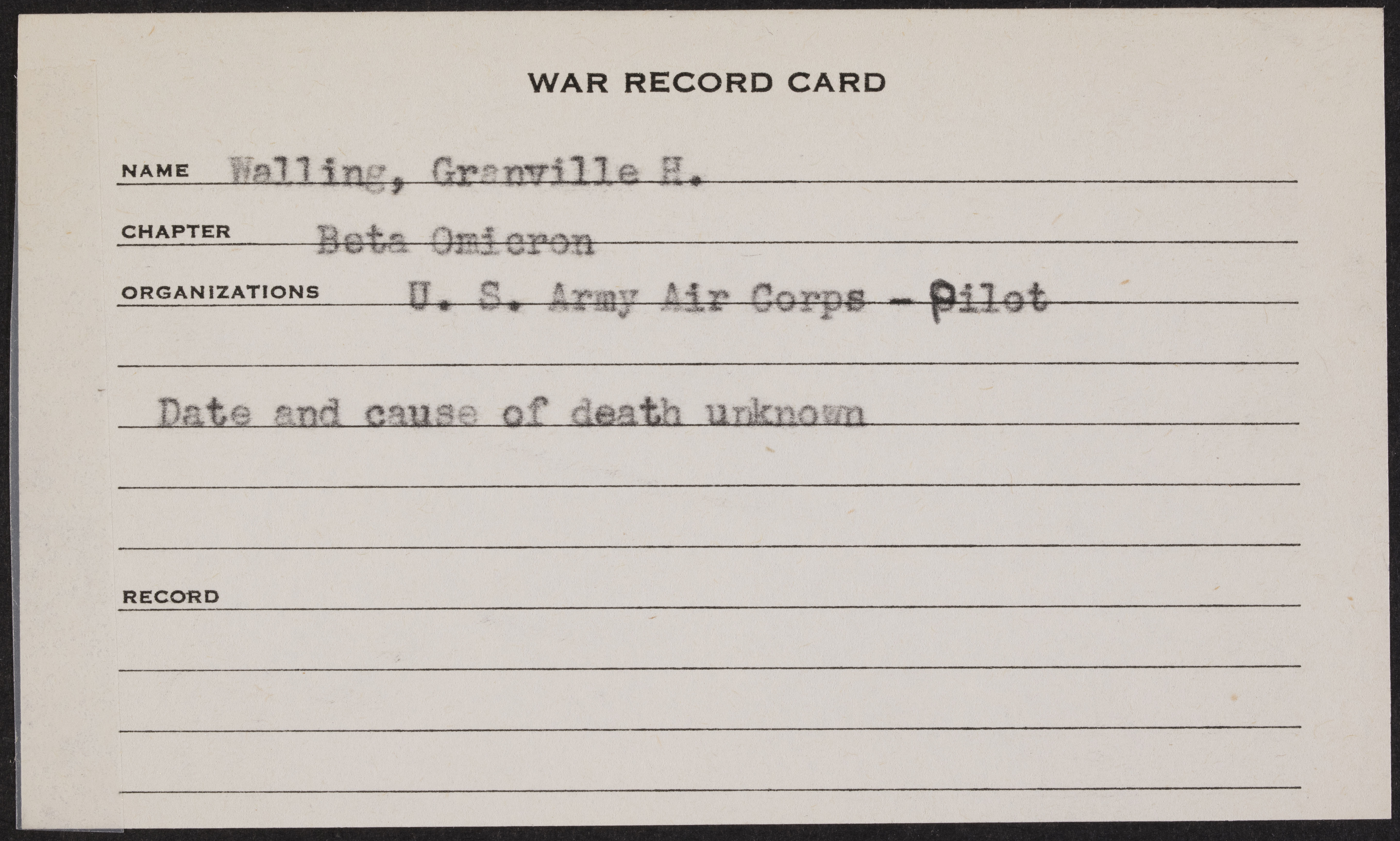 Granville Hill Walling War Record Card