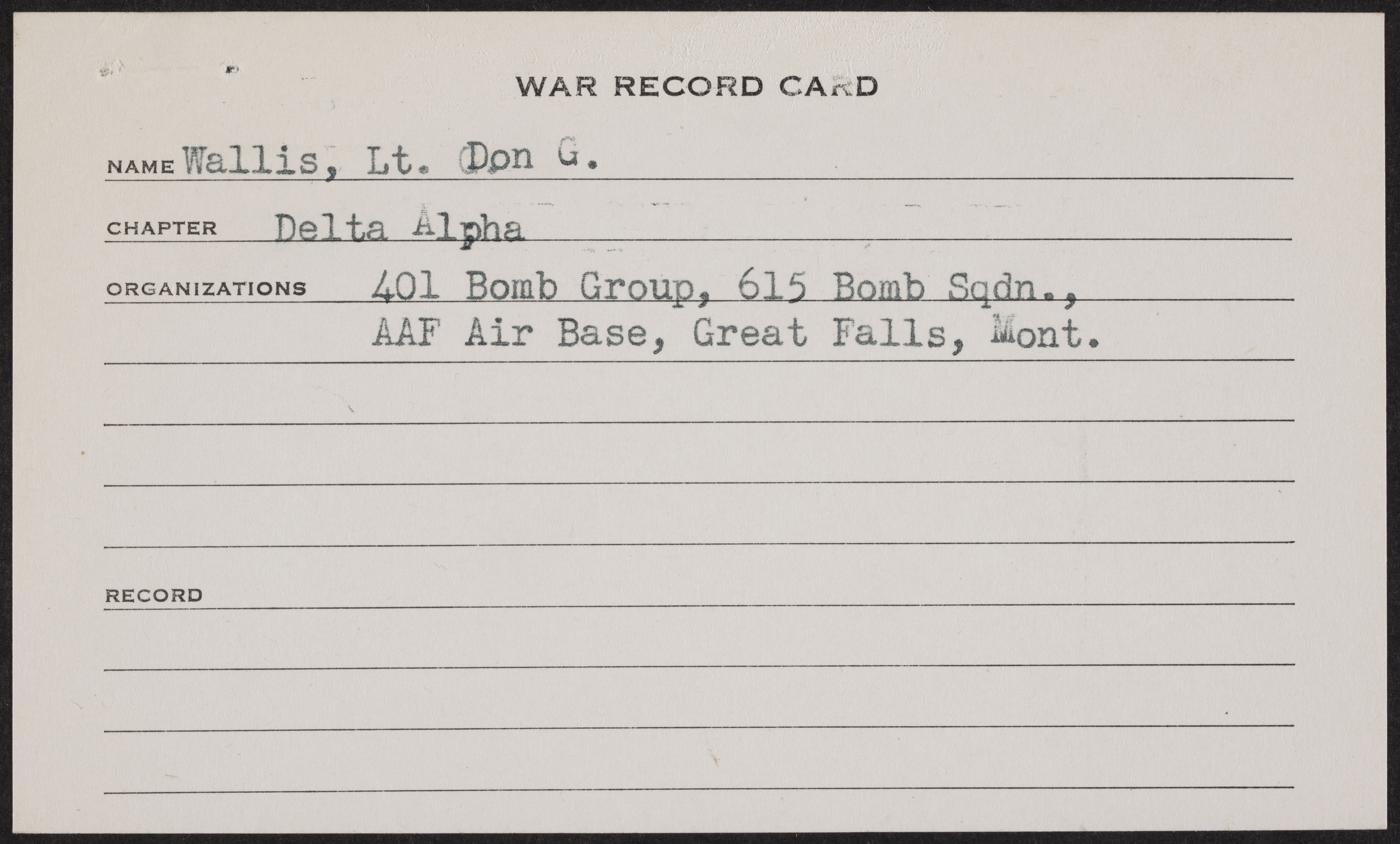 Donald Gray Wallis War Record Card