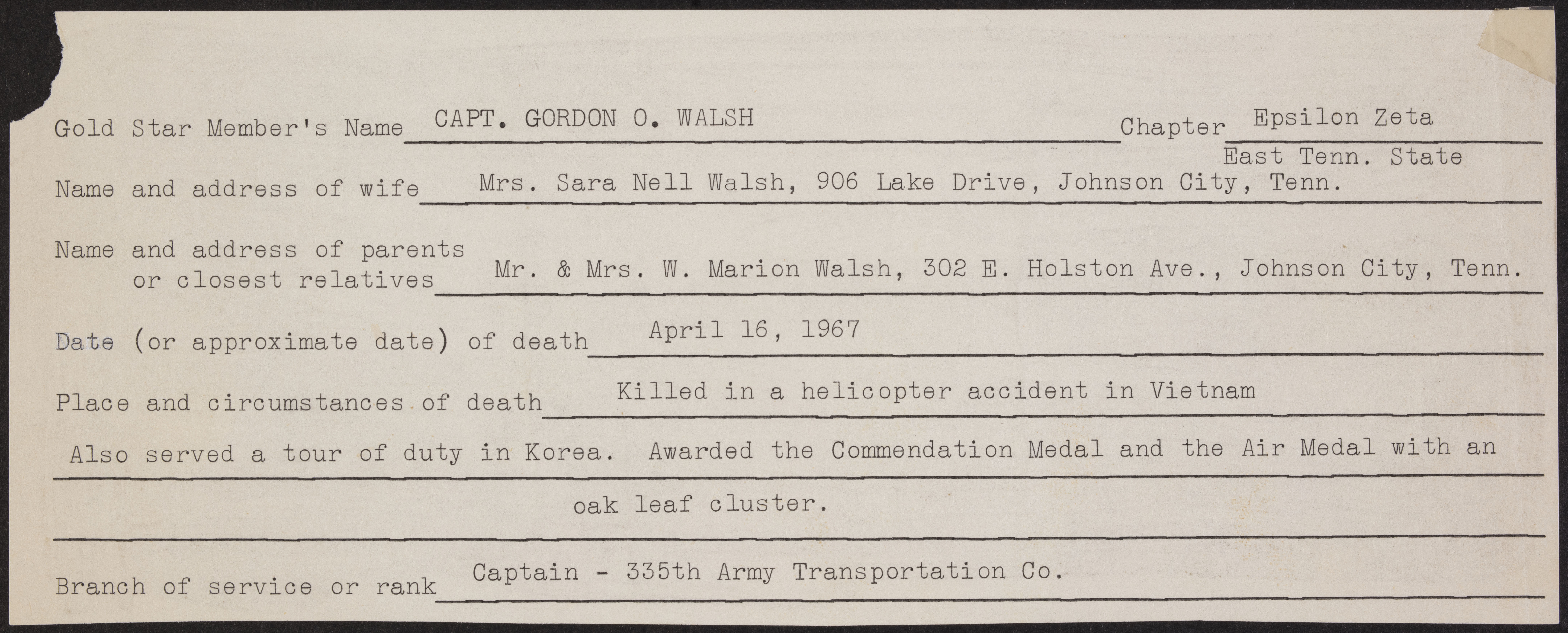 Gordon O'Dell Walsh War Record Form