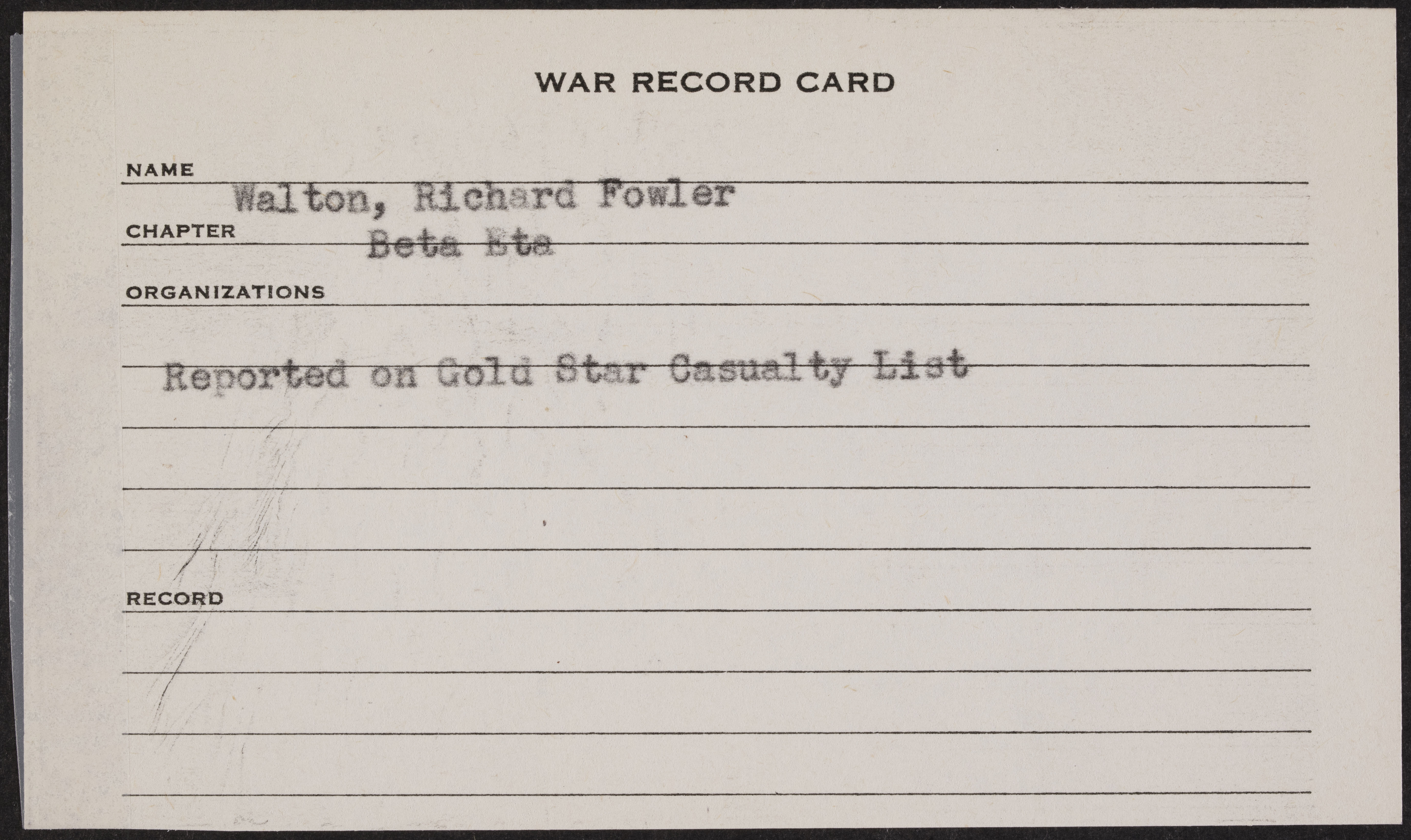 Richard Fowler Walton War Record Card